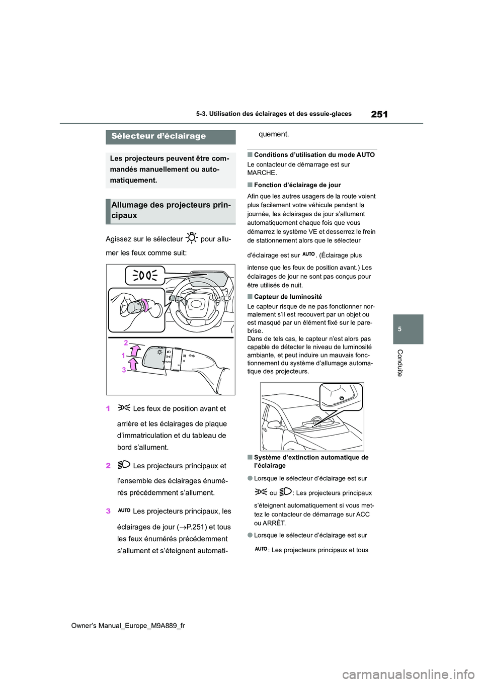 TOYOTA BZ4X 2023 Manuel du propriétaire (in French) 251
5
Owner’s Manual_Europe_M9A889_fr
5-3. Utilisation des éclairages et des essuie-glaces
Conduite
5-3.Utilisation des éclairages et des essuie-glaces
Agissez sur le sélecteur pour allu-
mer TOYOTA BZ4X 2023 Manuel du propriétaire (in French) 251
5
Owner’s Manual_Europe_M9A889_fr
5-3. Utilisation des éclairages et des essuie-glaces
Conduite
5-3.Utilisation des éclairages et des essuie-glaces
Agissez sur le sélecteur pour allu-
mer