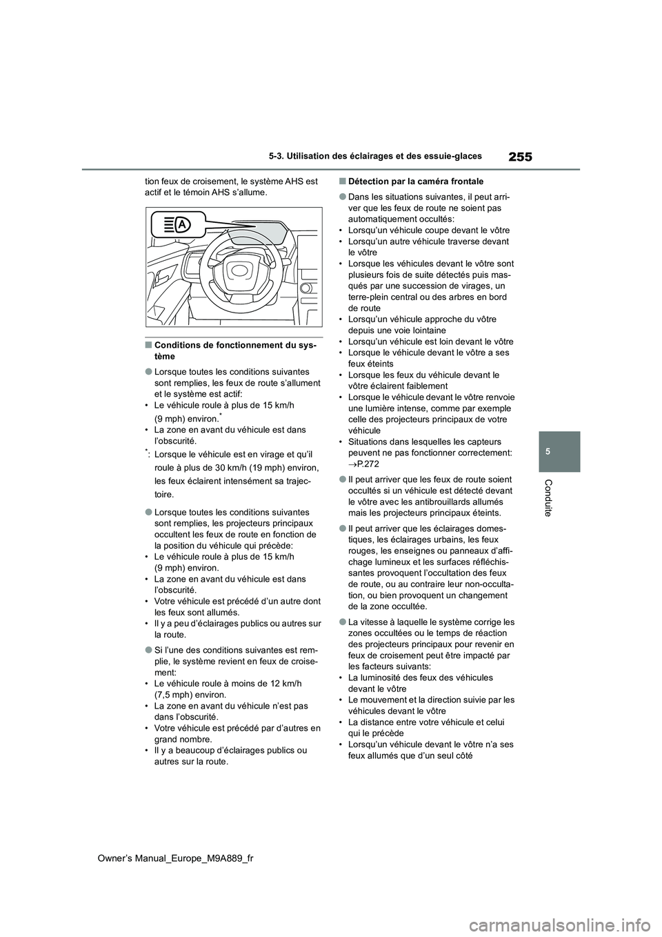 TOYOTA BZ4X 2023 Manuel du propriétaire (in French) 255
5
Owner’s Manual_Europe_M9A889_fr
5-3. Utilisation des éclairages et des essuie-glaces
Conduite
tion feux de croisement, le système AHS est actif et le témoin AHS s’allume.
■Conditions d TOYOTA BZ4X 2023 Manuel du propriétaire (in French) 255
5
Owner’s Manual_Europe_M9A889_fr
5-3. Utilisation des éclairages et des essuie-glaces
Conduite
tion feux de croisement, le système AHS est actif et le témoin AHS s’allume.
■Conditions d