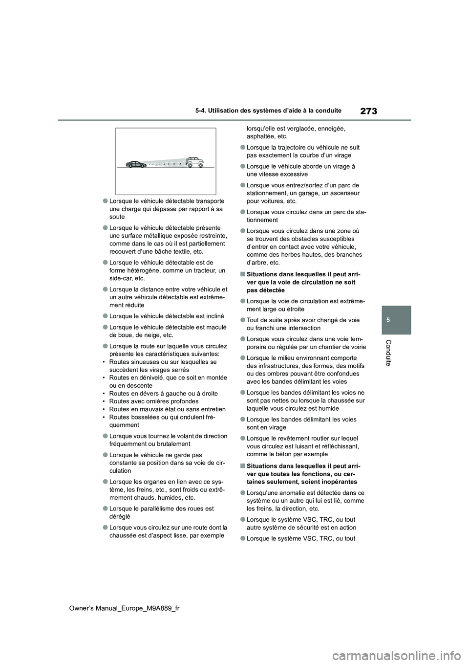 TOYOTA BZ4X 2023 Manuel du propriétaire (in French) 273
5
Owner’s Manual_Europe_M9A889_fr
5-4. Utilisation des systèmes d’aide à la conduite
Conduite
●Lorsque le véhicule détectable transporte une charge qui dépasse par rapport à sa soute
TOYOTA BZ4X 2023 Manuel du propriétaire (in French) 273
5
Owner’s Manual_Europe_M9A889_fr
5-4. Utilisation des systèmes d’aide à la conduite
Conduite
●Lorsque le véhicule détectable transporte une charge qui dépasse par rapport à sa soute