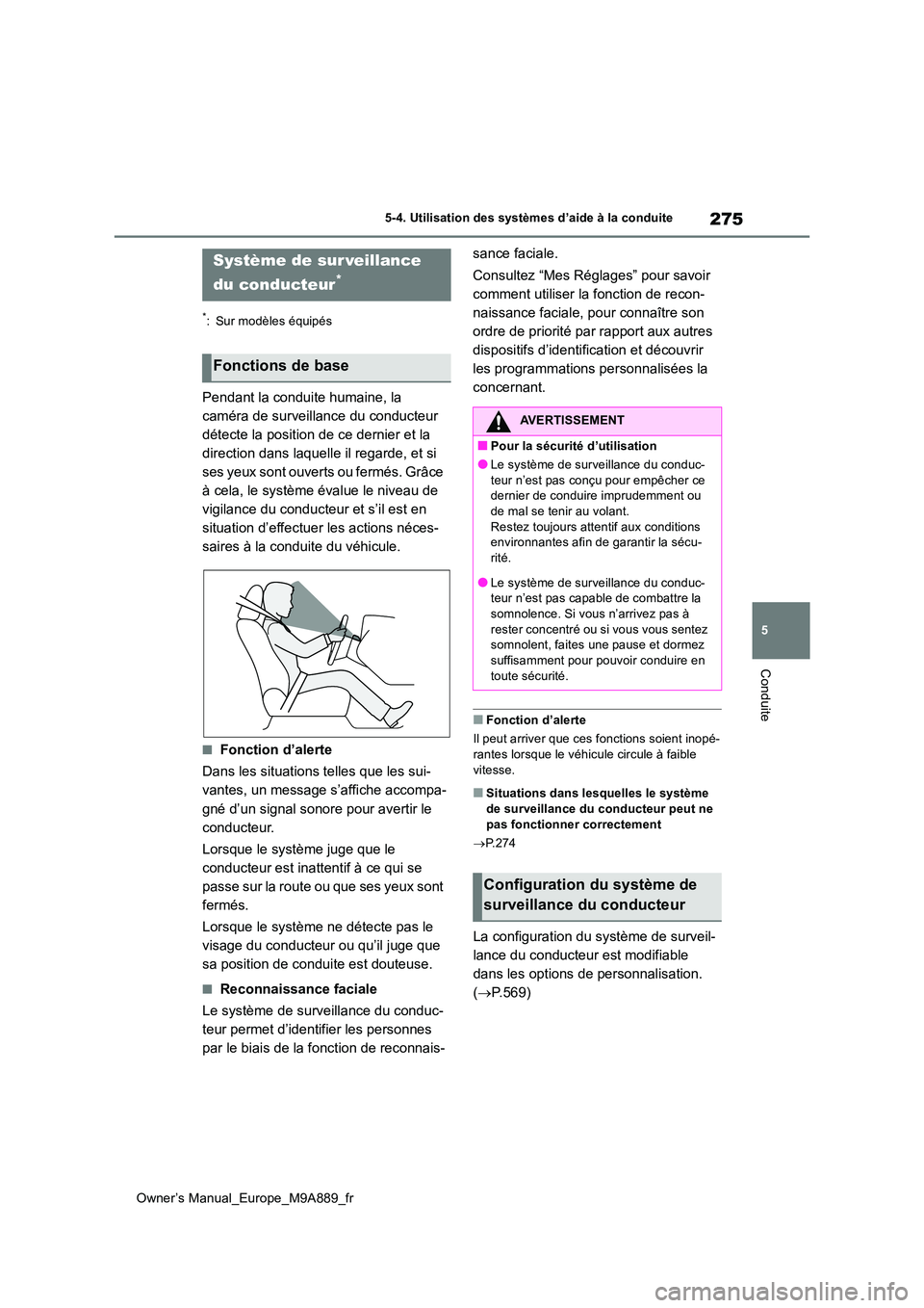 TOYOTA BZ4X 2023 Manuel du propriétaire (in French) 275
5
Owner’s Manual_Europe_M9A889_fr
5-4. Utilisation des systèmes d’aide à la conduite
Conduite
*: Sur modèles équipés
Pendant la conduite humaine, la
caméra de surveillance du conducteu TOYOTA BZ4X 2023 Manuel du propriétaire (in French) 275
5
Owner’s Manual_Europe_M9A889_fr
5-4. Utilisation des systèmes d’aide à la conduite
Conduite
*: Sur modèles équipés
Pendant la conduite humaine, la
caméra de surveillance du conducteu
