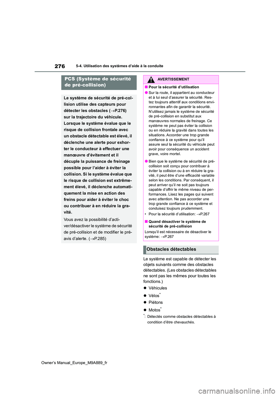 TOYOTA BZ4X 2023 Manuel du propriétaire (in French) 276
Owner’s Manual_Europe_M9A889_fr
5-4. Utilisation des systèmes d’aide à la conduite
Le système est capable de détecter les
objets suivants comme des obstacles
détectables. (Les obstacle TOYOTA BZ4X 2023 Manuel du propriétaire (in French) 276
Owner’s Manual_Europe_M9A889_fr
5-4. Utilisation des systèmes d’aide à la conduite
Le système est capable de détecter les
objets suivants comme des obstacles
détectables. (Les obstacle