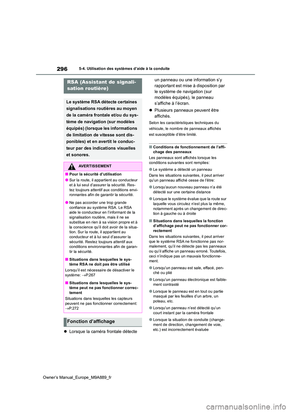 TOYOTA BZ4X 2023 Manuel du propriétaire (in French) 296
Owner’s Manual_Europe_M9A889_fr
5-4. Utilisation des systèmes d’aide à la conduite
Lorsque la caméra frontale détecte
un panneau ou une information s’y
rapportant est mise à disp TOYOTA BZ4X 2023 Manuel du propriétaire (in French) 296
Owner’s Manual_Europe_M9A889_fr
5-4. Utilisation des systèmes d’aide à la conduite
Lorsque la caméra frontale détecte
un panneau ou une information s’y
rapportant est mise à disp