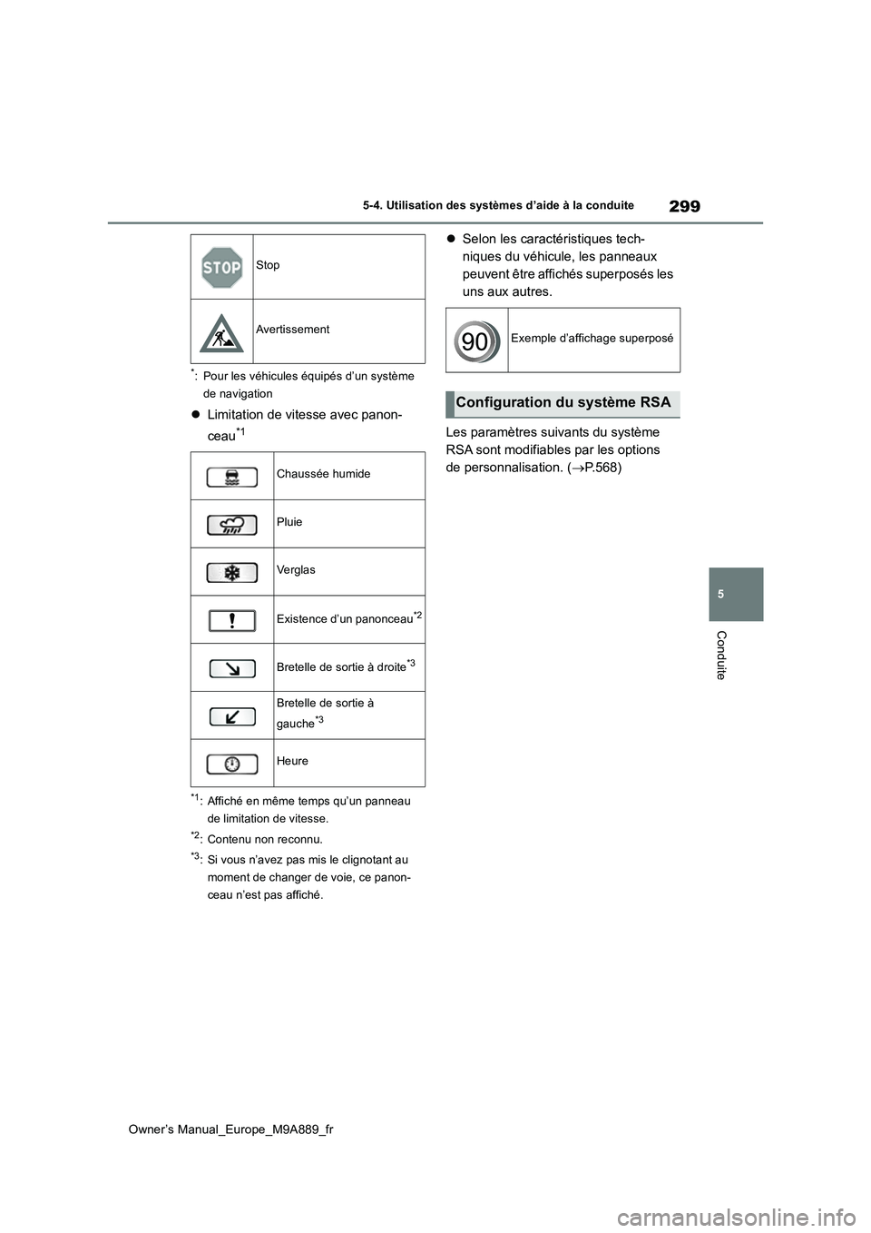 TOYOTA BZ4X 2023 Manuel du propriétaire (in French) 299
5
Owner’s Manual_Europe_M9A889_fr
5-4. Utilisation des systèmes d’aide à la conduite
Conduite
*: Pour les véhicules équipés d’un système
de navigation
Limitation de vitesse avec TOYOTA BZ4X 2023 Manuel du propriétaire (in French) 299
5
Owner’s Manual_Europe_M9A889_fr
5-4. Utilisation des systèmes d’aide à la conduite
Conduite
*: Pour les véhicules équipés d’un système
de navigation
Limitation de vitesse avec