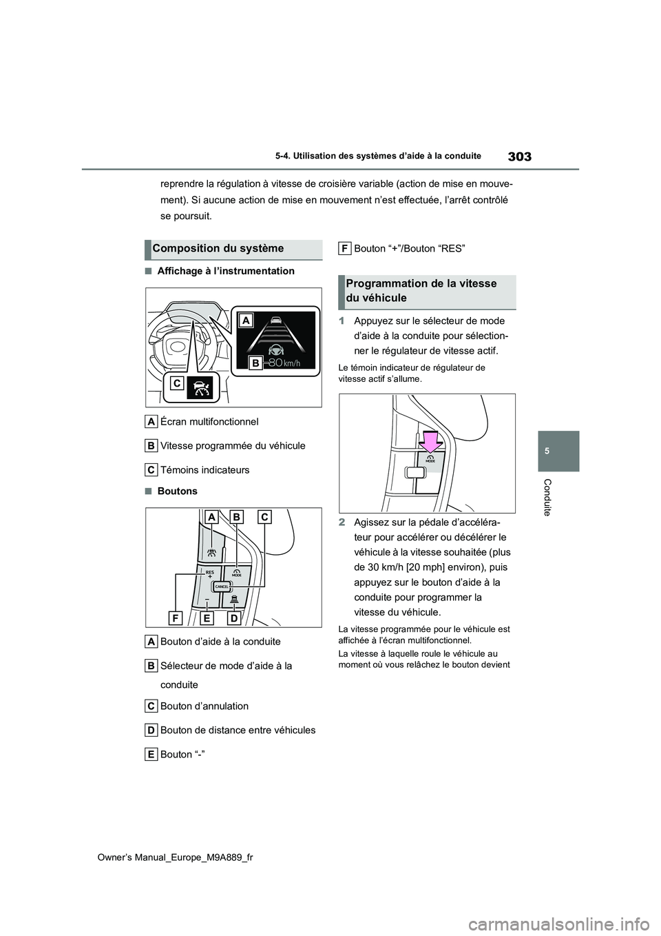 TOYOTA BZ4X 2023 Manuel du propriétaire (in French) 303
5
Owner’s Manual_Europe_M9A889_fr
5-4. Utilisation des systèmes d’aide à la conduite
Conduite
reprendre la régulation à vitesse de croisière variable (action de mise en mouve-
ment). Si TOYOTA BZ4X 2023 Manuel du propriétaire (in French) 303
5
Owner’s Manual_Europe_M9A889_fr
5-4. Utilisation des systèmes d’aide à la conduite
Conduite
reprendre la régulation à vitesse de croisière variable (action de mise en mouve-
ment). Si