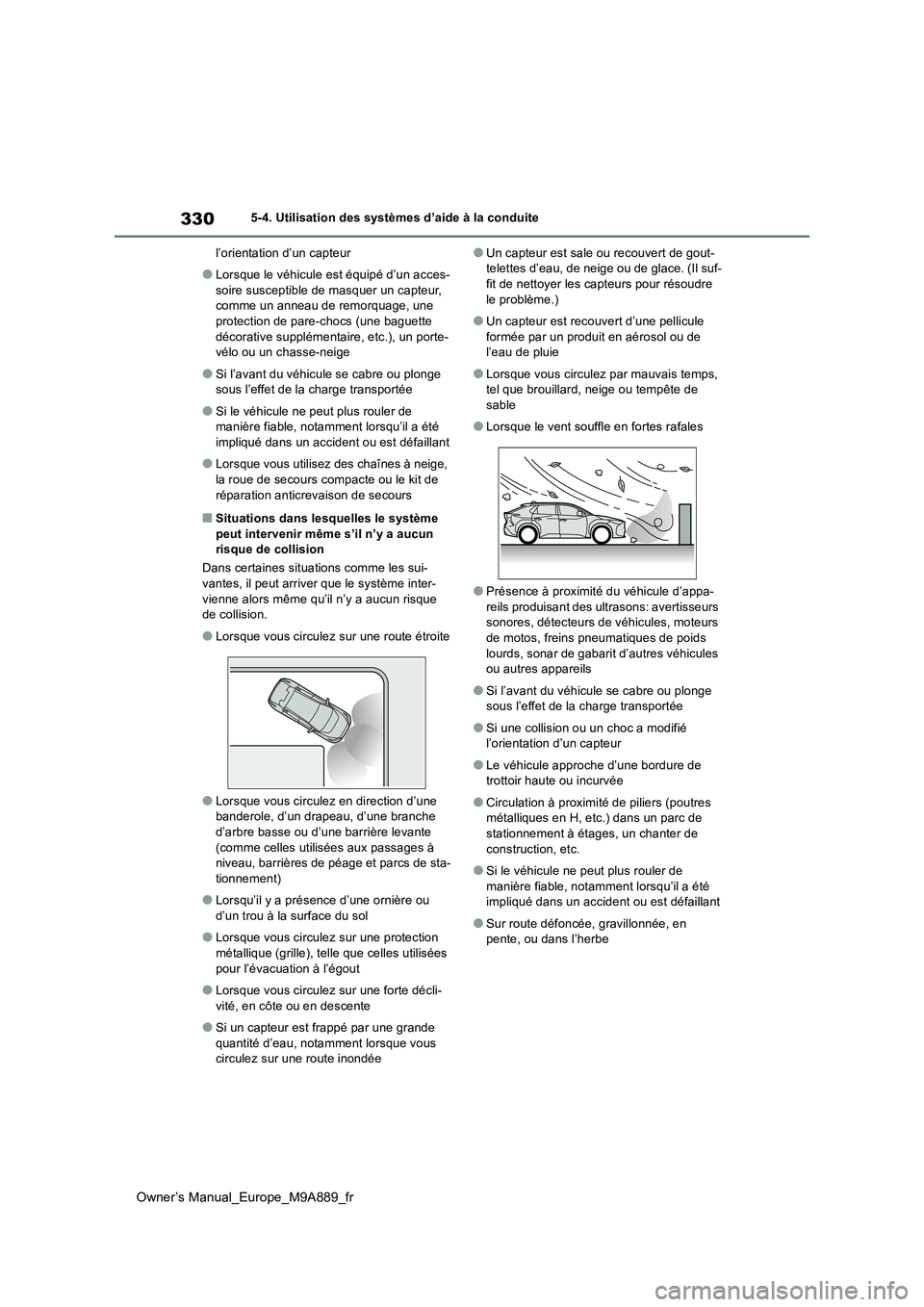 TOYOTA BZ4X 2023 Manuel du propriétaire (in French) 330
Owner’s Manual_Europe_M9A889_fr
5-4. Utilisation des systèmes d’aide à la conduite
l’orientation d’un capteur
●Lorsque le véhicule est équipé d’un acces-
soire susceptible de ma TOYOTA BZ4X 2023 Manuel du propriétaire (in French) 330
Owner’s Manual_Europe_M9A889_fr
5-4. Utilisation des systèmes d’aide à la conduite
l’orientation d’un capteur
●Lorsque le véhicule est équipé d’un acces-
soire susceptible de ma