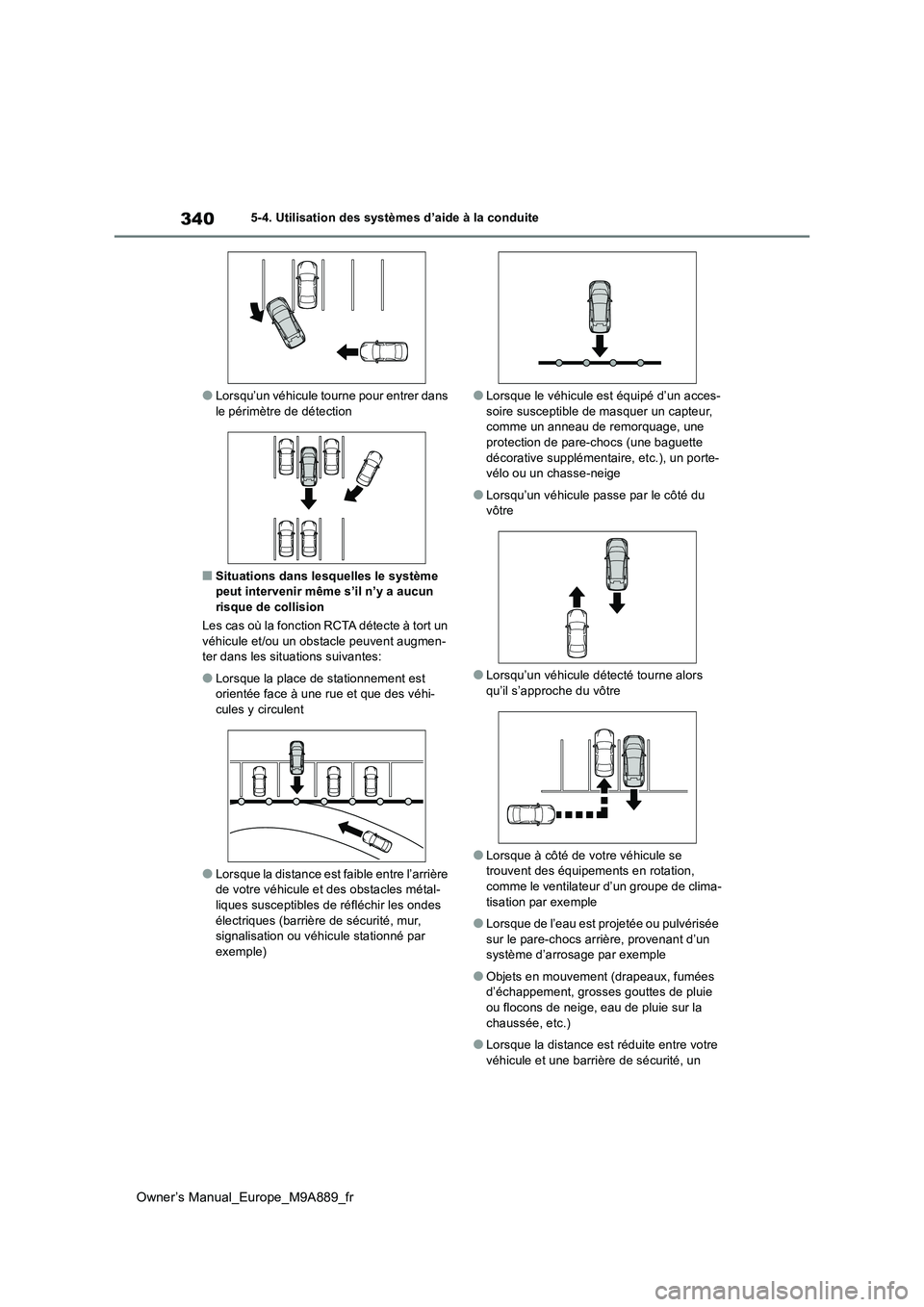 TOYOTA BZ4X 2023 Manuel du propriétaire (in French) 340
Owner’s Manual_Europe_M9A889_fr
5-4. Utilisation des systèmes d’aide à la conduite
●Lorsqu’un véhicule tourne pour entrer dans le périmètre de détection
■Situations dans lesquelle TOYOTA BZ4X 2023 Manuel du propriétaire (in French) 340
Owner’s Manual_Europe_M9A889_fr
5-4. Utilisation des systèmes d’aide à la conduite
●Lorsqu’un véhicule tourne pour entrer dans le périmètre de détection
■Situations dans lesquelle