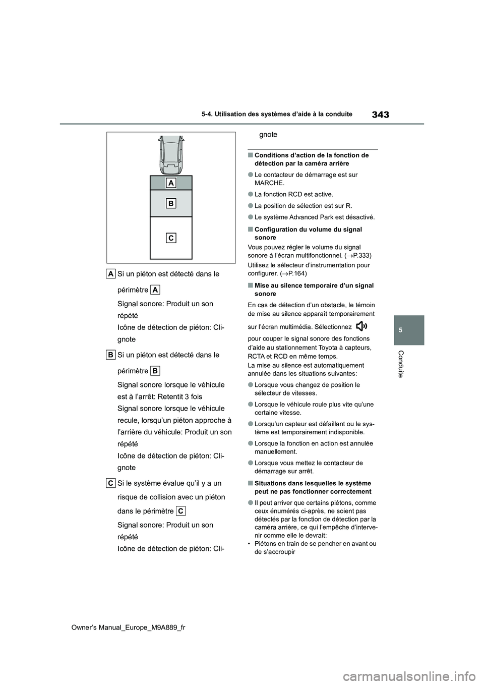 TOYOTA BZ4X 2023 Manuel du propriétaire (in French) 343
5
Owner’s Manual_Europe_M9A889_fr
5-4. Utilisation des systèmes d’aide à la conduite
Conduite
Si un piéton est détecté dans le
périmètre
Signal sonore: Produit un son
répété
Ic TOYOTA BZ4X 2023 Manuel du propriétaire (in French) 343
5
Owner’s Manual_Europe_M9A889_fr
5-4. Utilisation des systèmes d’aide à la conduite
Conduite
Si un piéton est détecté dans le
périmètre
Signal sonore: Produit un son
répété
Ic