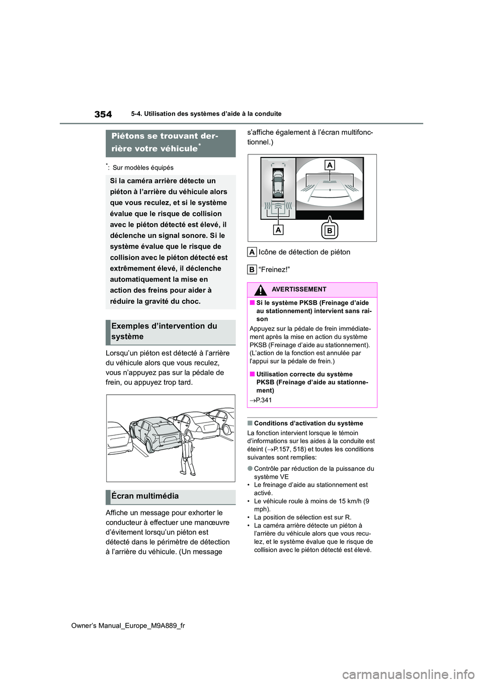 TOYOTA BZ4X 2023 Manuel du propriétaire (in French) 354
Owner’s Manual_Europe_M9A889_fr
5-4. Utilisation des systèmes d’aide à la conduite
*: Sur modèles équipés
Lorsqu’un piéton est détecté à l’arrière
du véhicule alors que vous r TOYOTA BZ4X 2023 Manuel du propriétaire (in French) 354
Owner’s Manual_Europe_M9A889_fr
5-4. Utilisation des systèmes d’aide à la conduite
*: Sur modèles équipés
Lorsqu’un piéton est détecté à l’arrière
du véhicule alors que vous r