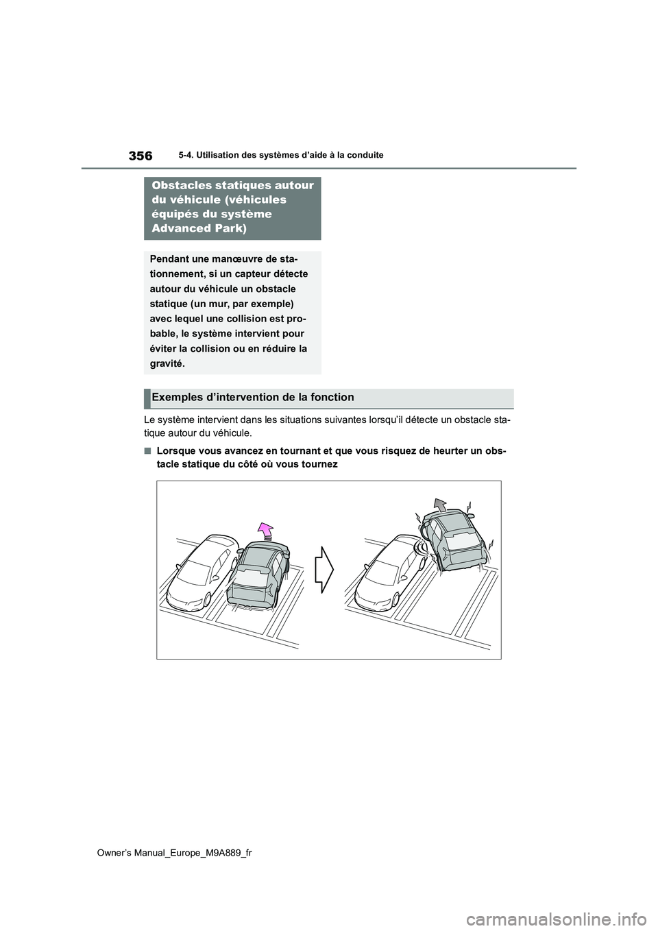 TOYOTA BZ4X 2023 Manuel du propriétaire (in French) 356
Owner’s Manual_Europe_M9A889_fr
5-4. Utilisation des systèmes d’aide à la conduite
Le système intervient dans les situations suivantes lorsqu’il détecte un obstacle sta-
tique autour du TOYOTA BZ4X 2023 Manuel du propriétaire (in French) 356
Owner’s Manual_Europe_M9A889_fr
5-4. Utilisation des systèmes d’aide à la conduite
Le système intervient dans les situations suivantes lorsqu’il détecte un obstacle sta-
tique autour du