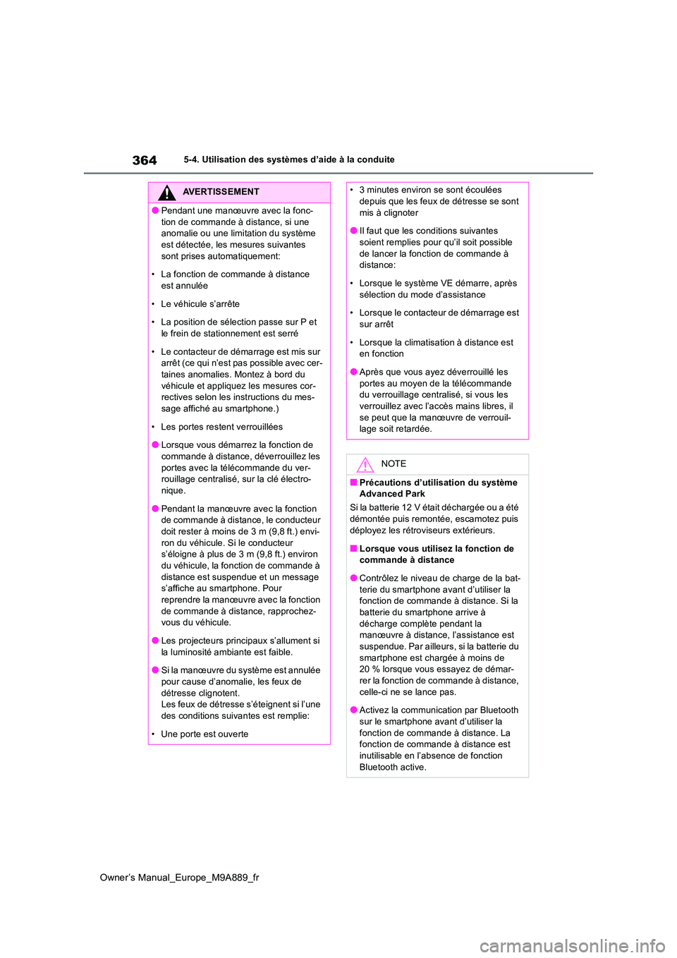 TOYOTA BZ4X 2023 Manuel du propriétaire (in French) 364
Owner’s Manual_Europe_M9A889_fr
5-4. Utilisation des systèmes d’aide à la conduite
AVERTISSEMENT
●Pendant une manœuvre avec la fonc-
tion de commande à distance, si une anomalie ou une TOYOTA BZ4X 2023 Manuel du propriétaire (in French) 364
Owner’s Manual_Europe_M9A889_fr
5-4. Utilisation des systèmes d’aide à la conduite
AVERTISSEMENT
●Pendant une manœuvre avec la fonc-
tion de commande à distance, si une anomalie ou une