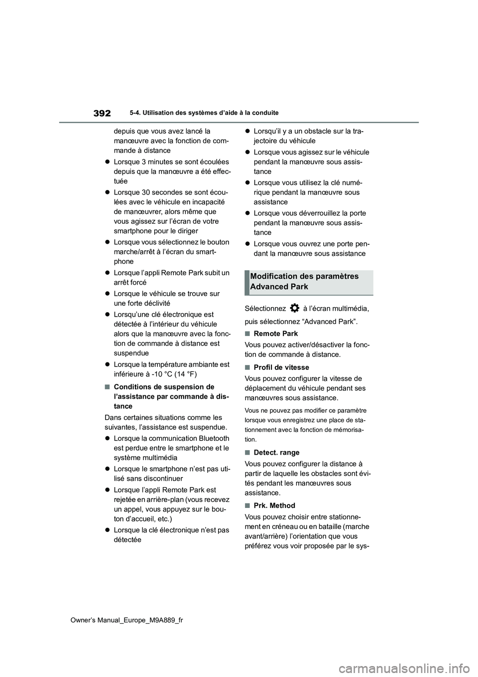 TOYOTA BZ4X 2023 Manuel du propriétaire (in French) 392
Owner’s Manual_Europe_M9A889_fr
5-4. Utilisation des systèmes d’aide à la conduite
depuis que vous avez lancé la
manœuvre avec la fonction de com-
mande à distance
Lorsque 3 minute TOYOTA BZ4X 2023 Manuel du propriétaire (in French) 392
Owner’s Manual_Europe_M9A889_fr
5-4. Utilisation des systèmes d’aide à la conduite
depuis que vous avez lancé la
manœuvre avec la fonction de com-
mande à distance
Lorsque 3 minute