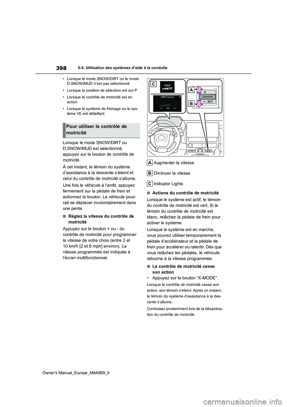 TOYOTA BZ4X 2023 Manuel du propriétaire (in French) 398
Owner’s Manual_Europe_M9A889_fr
5-4. Utilisation des systèmes d’aide à la conduite
• Lorsque le mode SNOW/DIRT ou le mode D.SNOW/MUD n’est pas sélectionné
• Lorsque la position de TOYOTA BZ4X 2023 Manuel du propriétaire (in French) 398
Owner’s Manual_Europe_M9A889_fr
5-4. Utilisation des systèmes d’aide à la conduite
• Lorsque le mode SNOW/DIRT ou le mode D.SNOW/MUD n’est pas sélectionné
• Lorsque la position de