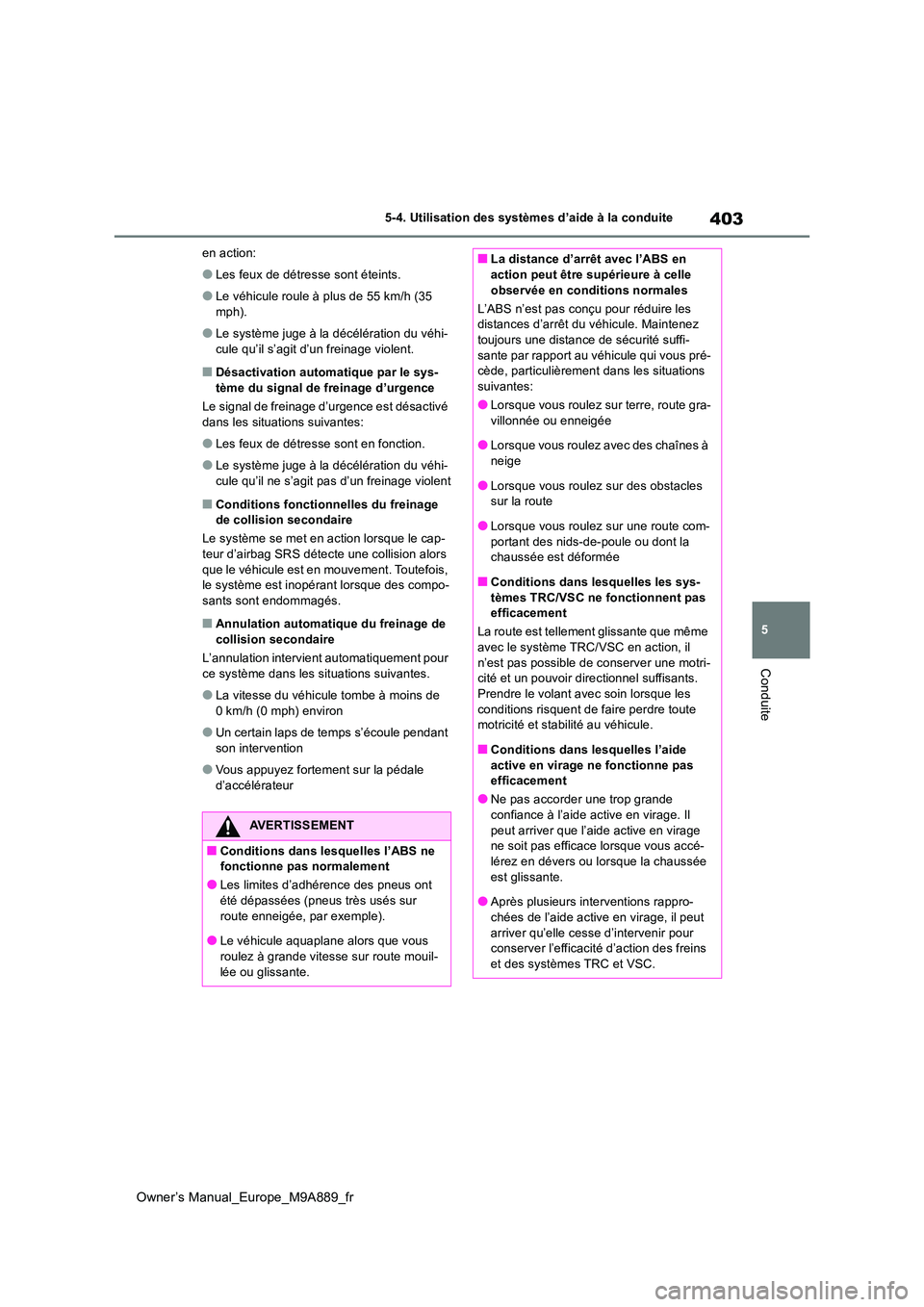 TOYOTA BZ4X 2023 Manuel du propriétaire (in French) 403
5
Owner’s Manual_Europe_M9A889_fr
5-4. Utilisation des systèmes d’aide à la conduite
Conduite
en action:
●Les feux de détresse sont éteints.
●Le véhicule roule à plus de 55 km/h (35 TOYOTA BZ4X 2023 Manuel du propriétaire (in French) 403
5
Owner’s Manual_Europe_M9A889_fr
5-4. Utilisation des systèmes d’aide à la conduite
Conduite
en action:
●Les feux de détresse sont éteints.
●Le véhicule roule à plus de 55 km/h (35