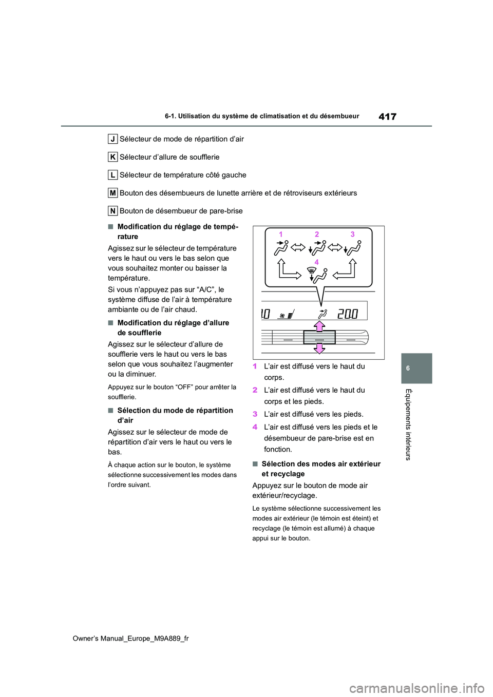 TOYOTA BZ4X 2023 Manuel du propriétaire (in French) 417
6
Owner’s Manual_Europe_M9A889_fr
6-1. Utilisation du système de climatisation et du désembueur
Équipements intérieurs
Sélecteur de mode de répartition d’air
Sélecteur d’allure de so TOYOTA BZ4X 2023 Manuel du propriétaire (in French) 417
6
Owner’s Manual_Europe_M9A889_fr
6-1. Utilisation du système de climatisation et du désembueur
Équipements intérieurs
Sélecteur de mode de répartition d’air
Sélecteur d’allure de so