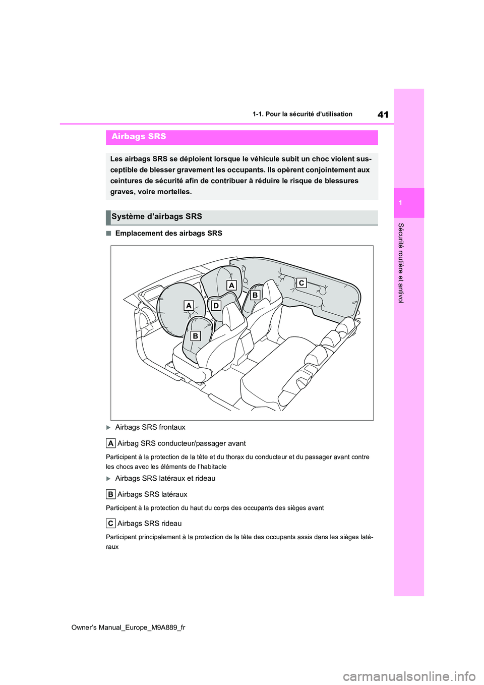 TOYOTA BZ4X 2023 Manuel du propriétaire (in French) 41
1
Owner’s Manual_Europe_M9A889_fr
1-1. Pour la sécurité d’utilisation
Sécurité routière et antivol
■Emplacement des airbags SRS
Airbags SRS frontaux
Airbag SRS conducteur/passager av TOYOTA BZ4X 2023 Manuel du propriétaire (in French) 41
1
Owner’s Manual_Europe_M9A889_fr
1-1. Pour la sécurité d’utilisation
Sécurité routière et antivol
■Emplacement des airbags SRS
Airbags SRS frontaux
Airbag SRS conducteur/passager av
