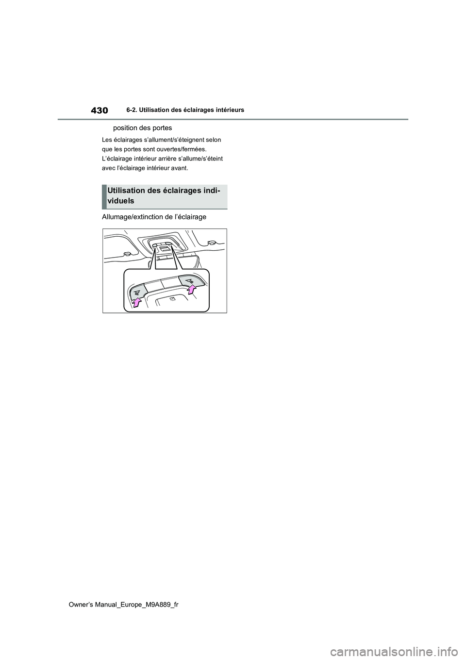 TOYOTA BZ4X 2023 Manuel du propriétaire (in French) 430
Owner’s Manual_Europe_M9A889_fr
6-2. Utilisation des éclairages intérieurs
position des portes
Les éclairages s’allument/s’éteignent selon
que les portes sont ouvertes/fermées.
L’é TOYOTA BZ4X 2023 Manuel du propriétaire (in French) 430
Owner’s Manual_Europe_M9A889_fr
6-2. Utilisation des éclairages intérieurs
position des portes
Les éclairages s’allument/s’éteignent selon
que les portes sont ouvertes/fermées.
L’é