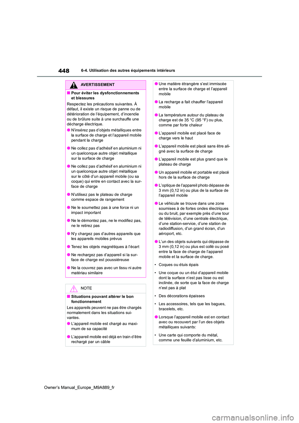 TOYOTA BZ4X 2023 Manuel du propriétaire (in French) 448
Owner’s Manual_Europe_M9A889_fr
6-4. Utilisation des autres équipements intérieurs
AVERTISSEMENT
■Pour éviter les dysfonctionnements
et blessures
Respectez les précautions suivantes. À TOYOTA BZ4X 2023 Manuel du propriétaire (in French) 448
Owner’s Manual_Europe_M9A889_fr
6-4. Utilisation des autres équipements intérieurs
AVERTISSEMENT
■Pour éviter les dysfonctionnements
et blessures
Respectez les précautions suivantes. À