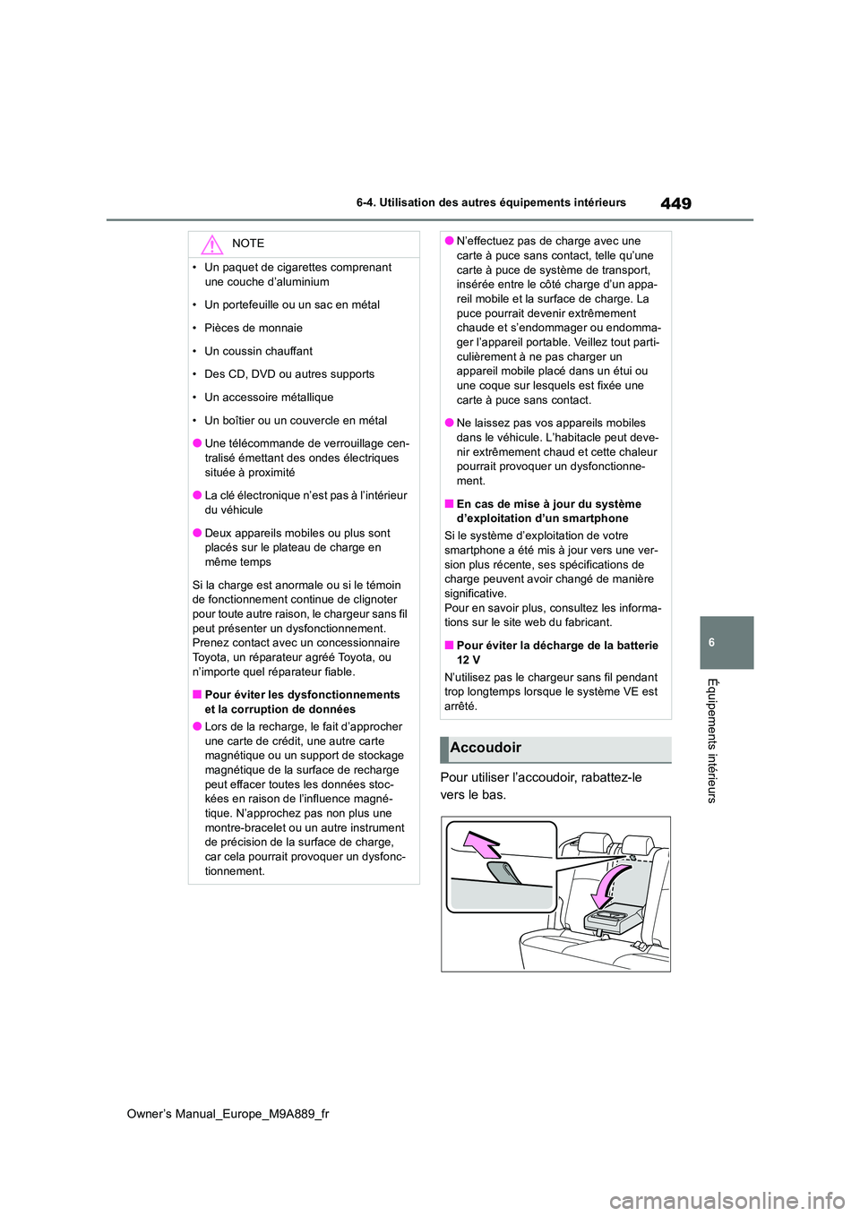 TOYOTA BZ4X 2023 Manuel du propriétaire (in French) 449
6
Owner’s Manual_Europe_M9A889_fr
6-4. Utilisation des autres équipements intérieurs
Équipements intérieurs
Pour utiliser l’accoudoir, rabattez-le
vers le bas.
NOTE
• Un paquet de ciga TOYOTA BZ4X 2023 Manuel du propriétaire (in French) 449
6
Owner’s Manual_Europe_M9A889_fr
6-4. Utilisation des autres équipements intérieurs
Équipements intérieurs
Pour utiliser l’accoudoir, rabattez-le
vers le bas.
NOTE
• Un paquet de ciga
