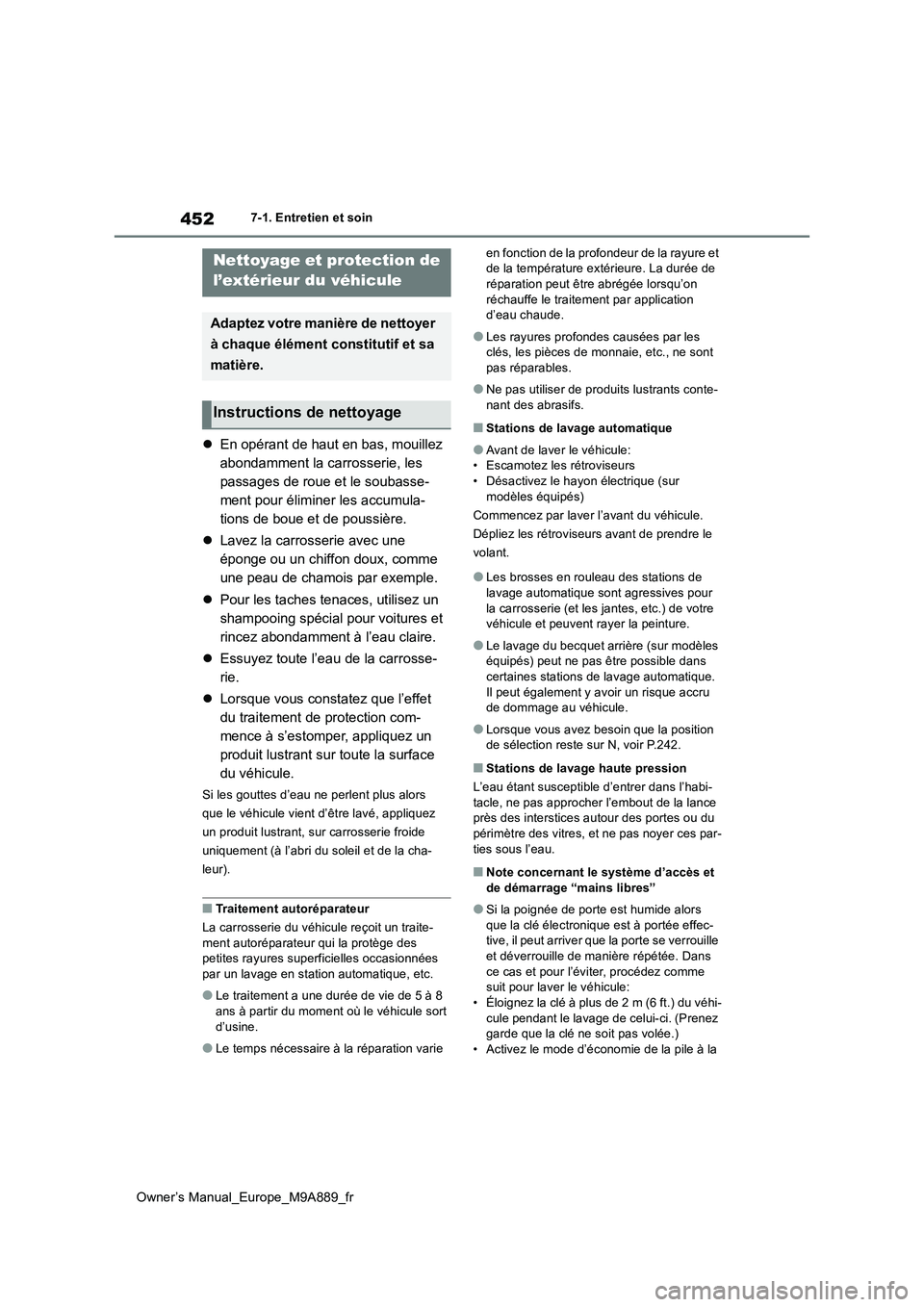 TOYOTA BZ4X 2023 Manuel du propriétaire (in French) 452
Owner’s Manual_Europe_M9A889_fr
7-1. Entretien et soin
7-1.Entretien et so in
En opérant de haut en bas, mouillez
abondamment la carrosserie, les
passages de roue et le soubasse-
ment pou TOYOTA BZ4X 2023 Manuel du propriétaire (in French) 452
Owner’s Manual_Europe_M9A889_fr
7-1. Entretien et soin
7-1.Entretien et so in
En opérant de haut en bas, mouillez
abondamment la carrosserie, les
passages de roue et le soubasse-
ment pou