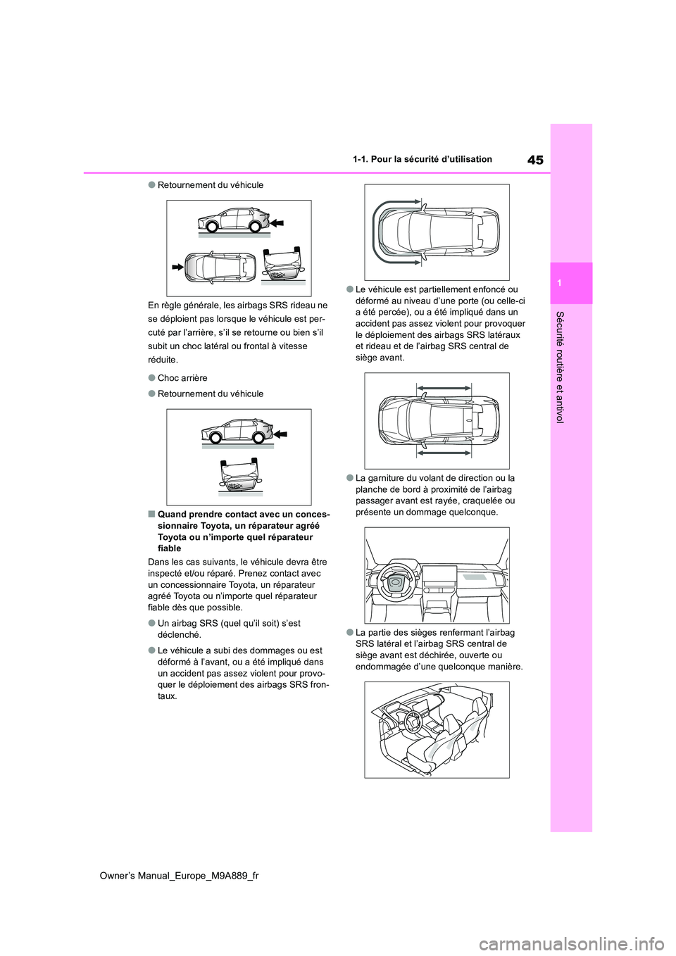 TOYOTA BZ4X 2023 Manuel du propriétaire (in French) 45
1
Owner’s Manual_Europe_M9A889_fr
1-1. Pour la sécurité d’utilisation
Sécurité routière et antivol
●Retournement du véhicule
En règle générale, les airbags SRS rideau ne
se déplo TOYOTA BZ4X 2023 Manuel du propriétaire (in French) 45
1
Owner’s Manual_Europe_M9A889_fr
1-1. Pour la sécurité d’utilisation
Sécurité routière et antivol
●Retournement du véhicule
En règle générale, les airbags SRS rideau ne
se déplo