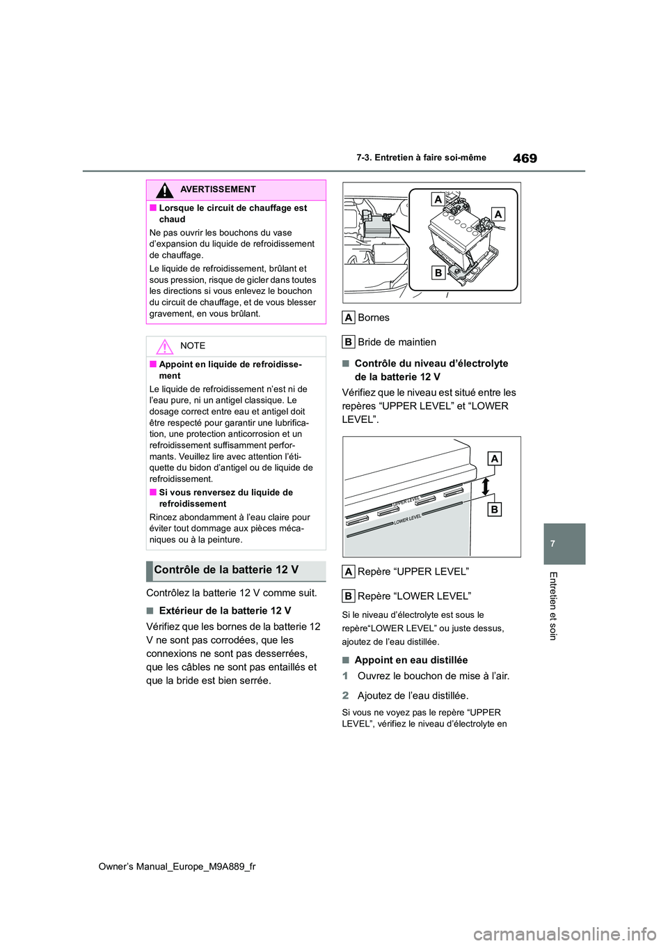 TOYOTA BZ4X 2023 Manuel du propriétaire (in French) 469
7
Owner’s Manual_Europe_M9A889_fr
7-3. Entretien à faire soi-même
Entretien et soin
Contrôlez la batterie 12 V comme suit.
■Extérieur de la batterie 12 V
Vérifiez que les bornes de la ba TOYOTA BZ4X 2023 Manuel du propriétaire (in French) 469
7
Owner’s Manual_Europe_M9A889_fr
7-3. Entretien à faire soi-même
Entretien et soin
Contrôlez la batterie 12 V comme suit.
■Extérieur de la batterie 12 V
Vérifiez que les bornes de la ba