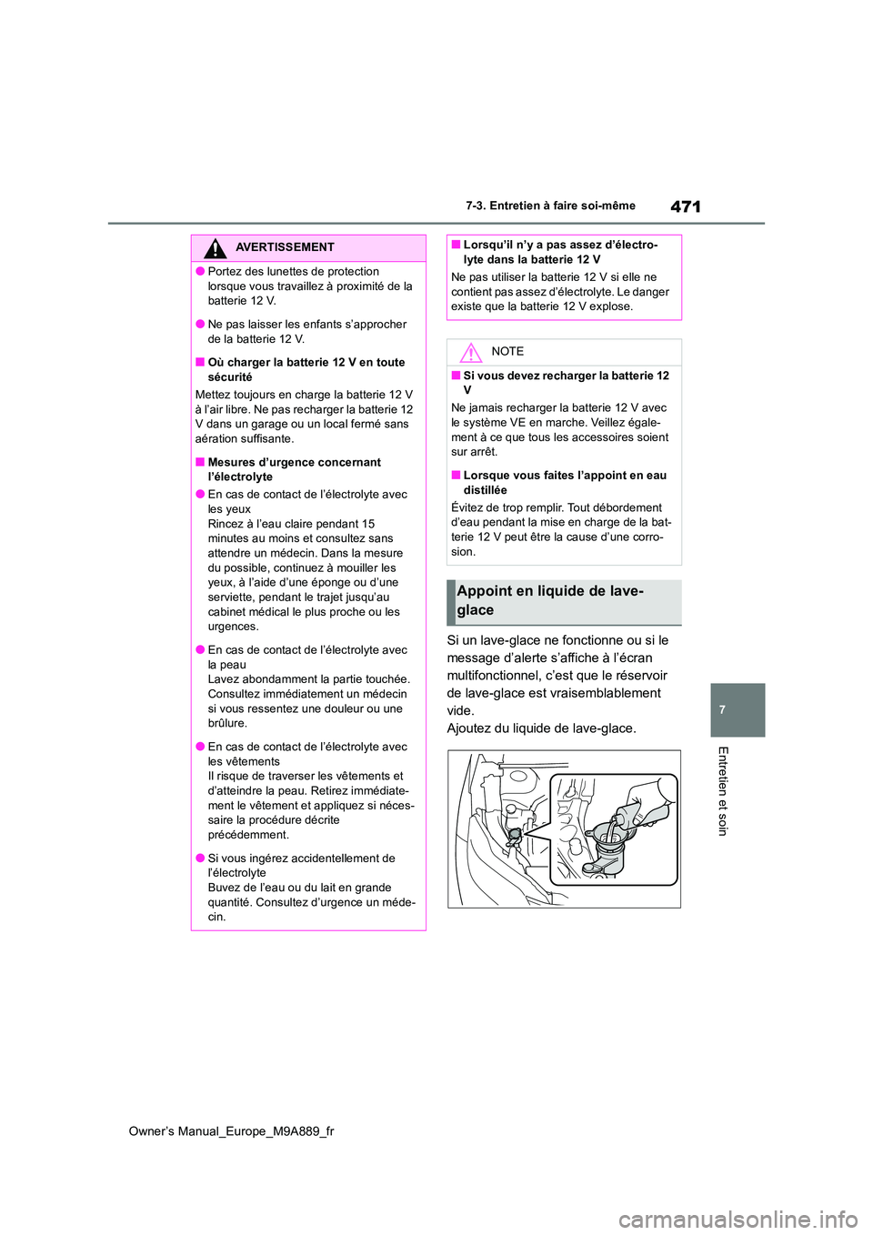 TOYOTA BZ4X 2023 Manuel du propriétaire (in French) 471
7
Owner’s Manual_Europe_M9A889_fr
7-3. Entretien à faire soi-même
Entretien et soin
Si un lave-glace ne fonctionne ou si le
message d’alerte s’affiche à l’écran
multifonctionnel, c TOYOTA BZ4X 2023 Manuel du propriétaire (in French) 471
7
Owner’s Manual_Europe_M9A889_fr
7-3. Entretien à faire soi-même
Entretien et soin
Si un lave-glace ne fonctionne ou si le
message d’alerte s’affiche à l’écran
multifonctionnel, c