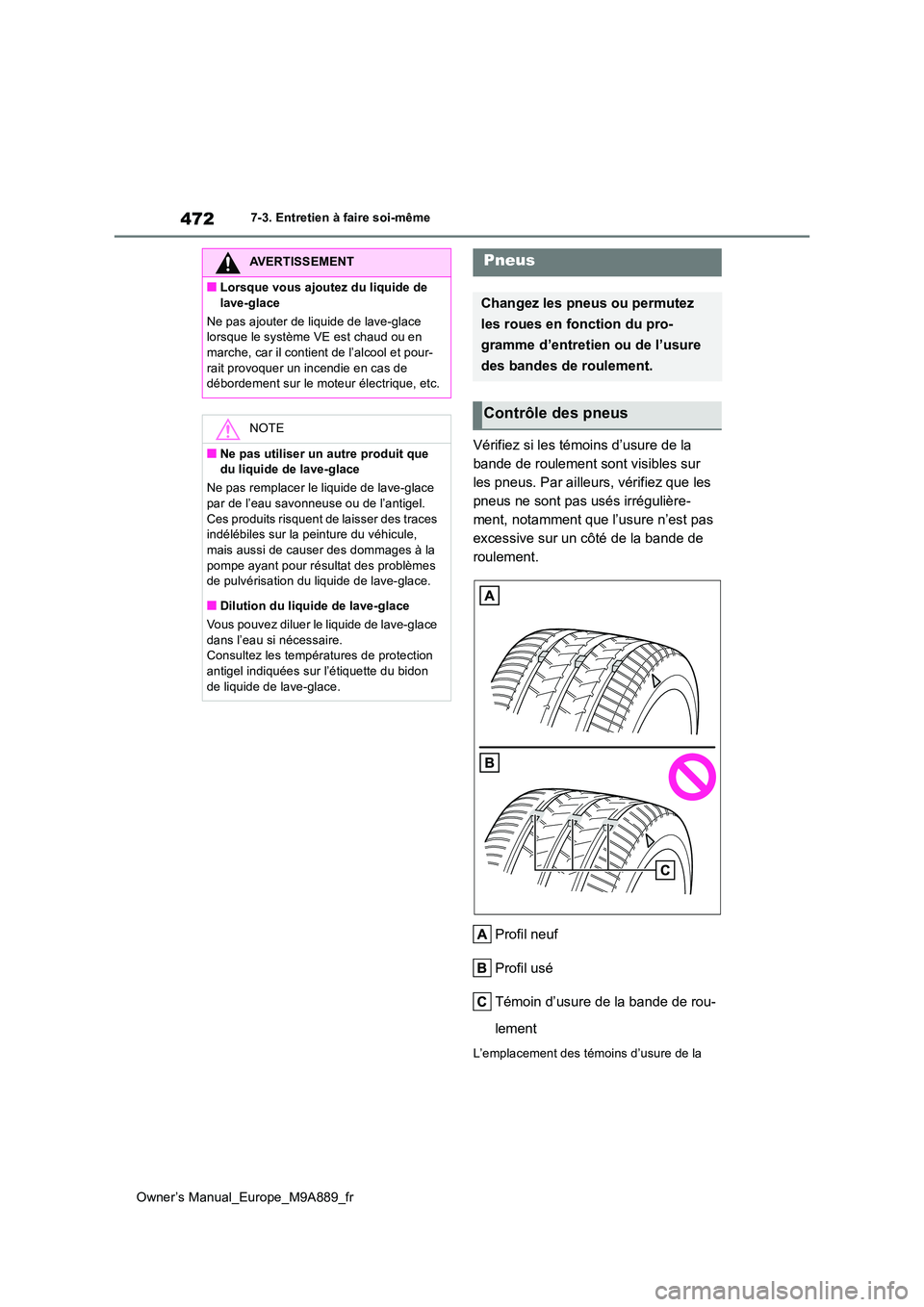 TOYOTA BZ4X 2023 Manuel du propriétaire (in French) 472
Owner’s Manual_Europe_M9A889_fr
7-3. Entretien à faire soi-même
Vérifiez si les témoins d’usure de la
bande de roulement sont visibles sur
les pneus. Par ailleurs, vérifiez que les
pn TOYOTA BZ4X 2023 Manuel du propriétaire (in French) 472
Owner’s Manual_Europe_M9A889_fr
7-3. Entretien à faire soi-même
Vérifiez si les témoins d’usure de la
bande de roulement sont visibles sur
les pneus. Par ailleurs, vérifiez que les
pn