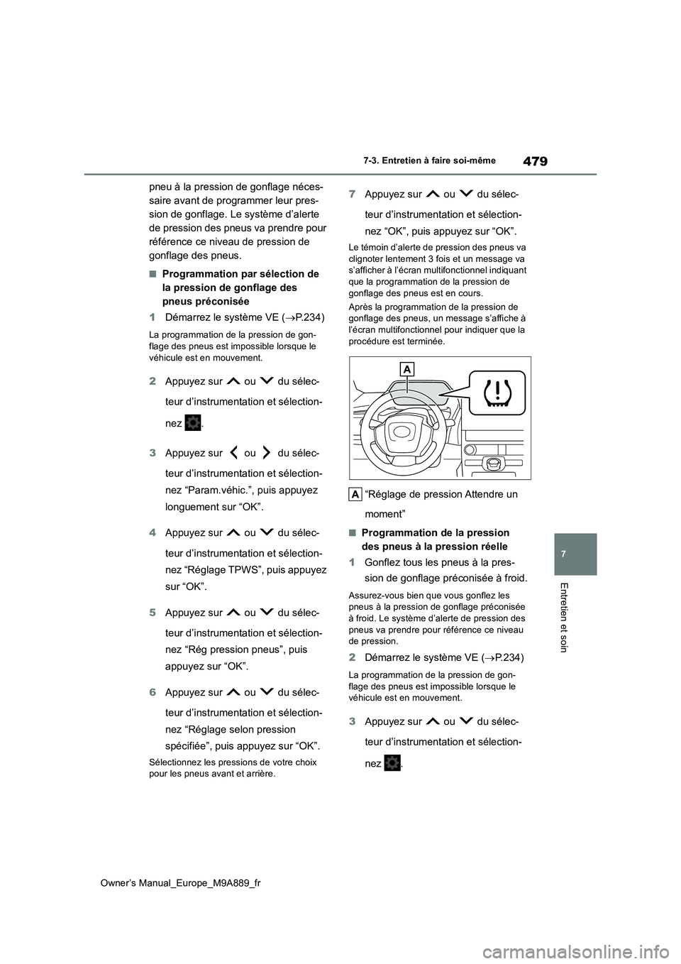 TOYOTA BZ4X 2023 Manuel du propriétaire (in French) 479
7
Owner’s Manual_Europe_M9A889_fr
7-3. Entretien à faire soi-même
Entretien et soin
pneu à la pression de gonflage néces-
saire avant de programmer leur pres-
sion de gonflage. Le système TOYOTA BZ4X 2023 Manuel du propriétaire (in French) 479
7
Owner’s Manual_Europe_M9A889_fr
7-3. Entretien à faire soi-même
Entretien et soin
pneu à la pression de gonflage néces-
saire avant de programmer leur pres-
sion de gonflage. Le système