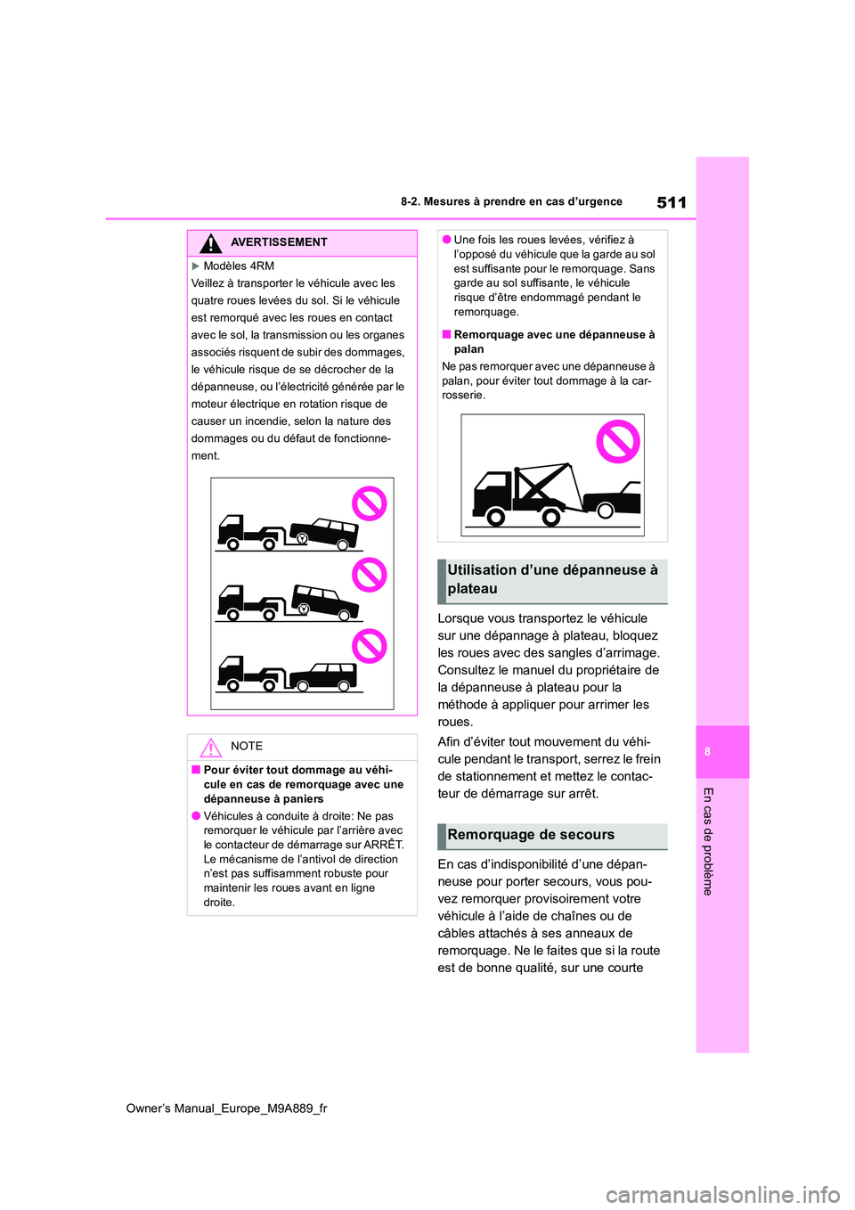 TOYOTA BZ4X 2023 Manuel du propriétaire (in French) 511
8
Owner’s Manual_Europe_M9A889_fr
8-2. Mesures à prendre en cas d’urgence
En cas de problème
Lorsque vous transportez le véhicule
sur une dépannage à plateau, bloquez
les roues avec de TOYOTA BZ4X 2023 Manuel du propriétaire (in French) 511
8
Owner’s Manual_Europe_M9A889_fr
8-2. Mesures à prendre en cas d’urgence
En cas de problème
Lorsque vous transportez le véhicule
sur une dépannage à plateau, bloquez
les roues avec de
