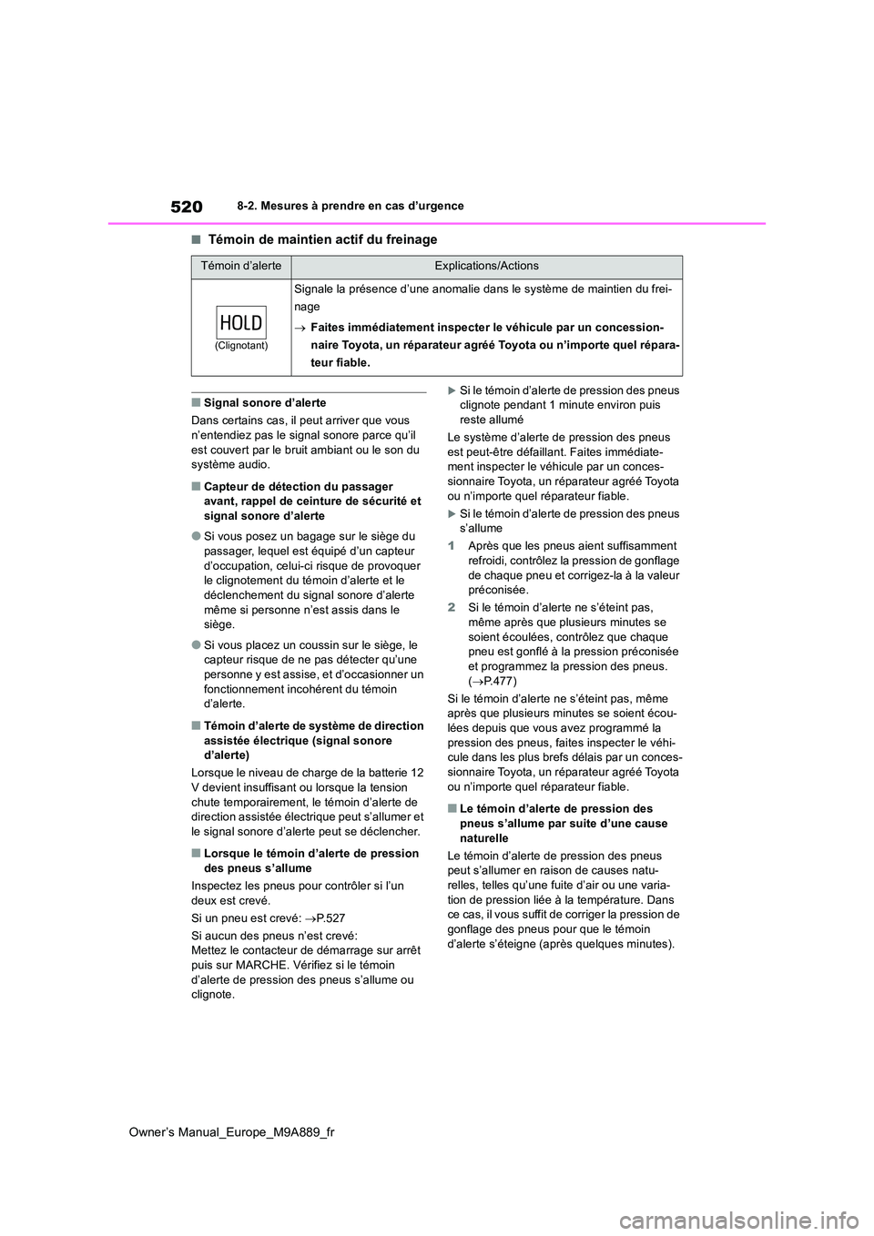 TOYOTA BZ4X 2023 Manuel du propriétaire (in French) 520
Owner’s Manual_Europe_M9A889_fr
8-2. Mesures à prendre en cas d’urgence
■Témoin de maintien actif du freinage
■Signal sonore d’alerte
Dans certains cas, il peut arriver que vous n’ TOYOTA BZ4X 2023 Manuel du propriétaire (in French) 520
Owner’s Manual_Europe_M9A889_fr
8-2. Mesures à prendre en cas d’urgence
■Témoin de maintien actif du freinage
■Signal sonore d’alerte
Dans certains cas, il peut arriver que vous n’