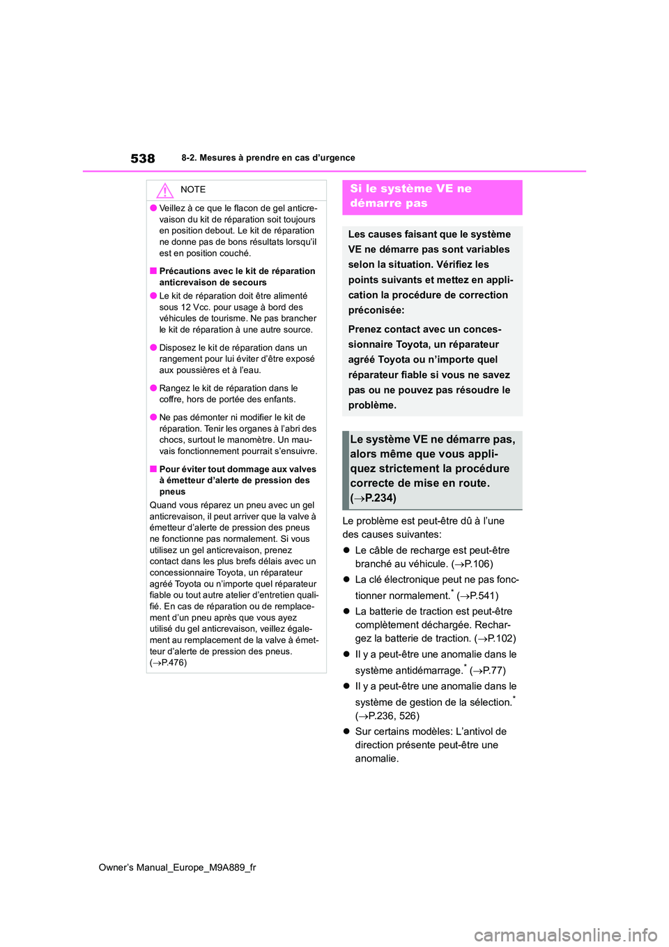 TOYOTA BZ4X 2023 Manuel du propriétaire (in French) 538
Owner’s Manual_Europe_M9A889_fr
8-2. Mesures à prendre en cas d’urgence
Le problème est peut-être dû à l’une
des causes suivantes:
Le câble de recharge est peut-être
branché TOYOTA BZ4X 2023 Manuel du propriétaire (in French) 538
Owner’s Manual_Europe_M9A889_fr
8-2. Mesures à prendre en cas d’urgence
Le problème est peut-être dû à l’une
des causes suivantes:
Le câble de recharge est peut-être
branché