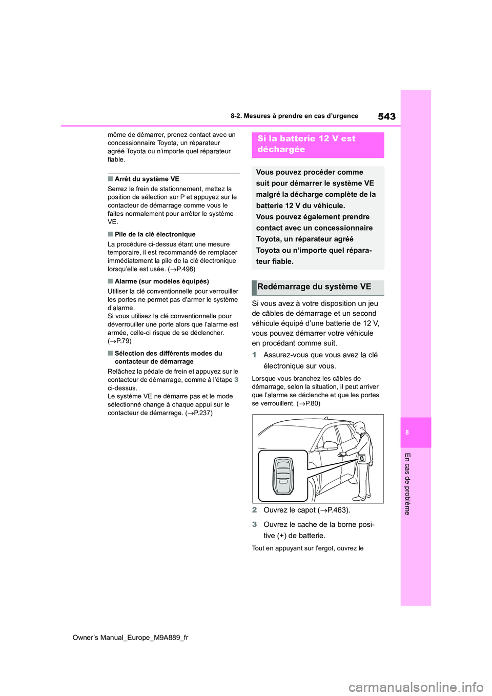TOYOTA BZ4X 2023 Manuel du propriétaire (in French) 543
8
Owner’s Manual_Europe_M9A889_fr
8-2. Mesures à prendre en cas d’urgence
En cas de problème
même de démarrer, prenez contact avec un concessionnaire Toyota, un réparateur agréé Toyota TOYOTA BZ4X 2023 Manuel du propriétaire (in French) 543
8
Owner’s Manual_Europe_M9A889_fr
8-2. Mesures à prendre en cas d’urgence
En cas de problème
même de démarrer, prenez contact avec un concessionnaire Toyota, un réparateur agréé Toyota