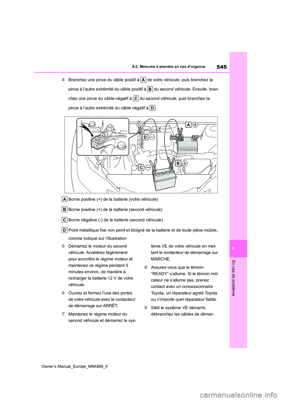 TOYOTA BZ4X 2023 Manuel du propriétaire (in French) 545
8
Owner’s Manual_Europe_M9A889_fr
8-2. Mesures à prendre en cas d’urgence
En cas de problème
4Branchez une pince du câble positif à de votre véhicule, puis branchez la
pince à l’au TOYOTA BZ4X 2023 Manuel du propriétaire (in French) 545
8
Owner’s Manual_Europe_M9A889_fr
8-2. Mesures à prendre en cas d’urgence
En cas de problème
4Branchez une pince du câble positif à de votre véhicule, puis branchez la
pince à l’au