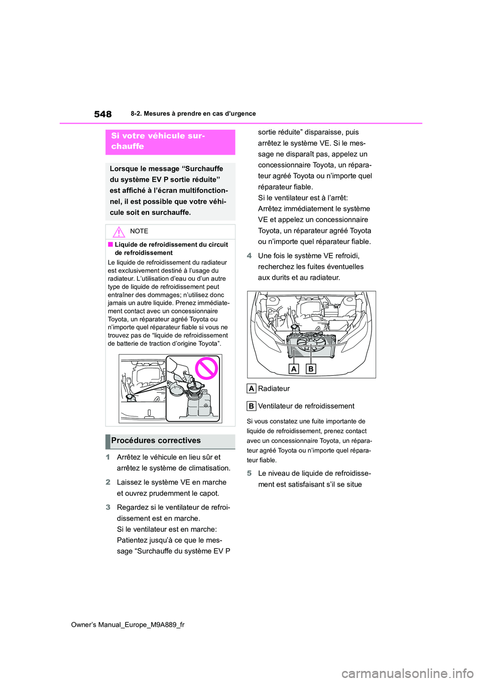 TOYOTA BZ4X 2023 Manuel du propriétaire (in French) 548
Owner’s Manual_Europe_M9A889_fr
8-2. Mesures à prendre en cas d’urgence
1Arrêtez le véhicule en lieu sûr et
arrêtez le système de climatisation.
2 Laissez le système VE en marche
e TOYOTA BZ4X 2023 Manuel du propriétaire (in French) 548
Owner’s Manual_Europe_M9A889_fr
8-2. Mesures à prendre en cas d’urgence
1Arrêtez le véhicule en lieu sûr et
arrêtez le système de climatisation.
2 Laissez le système VE en marche
e