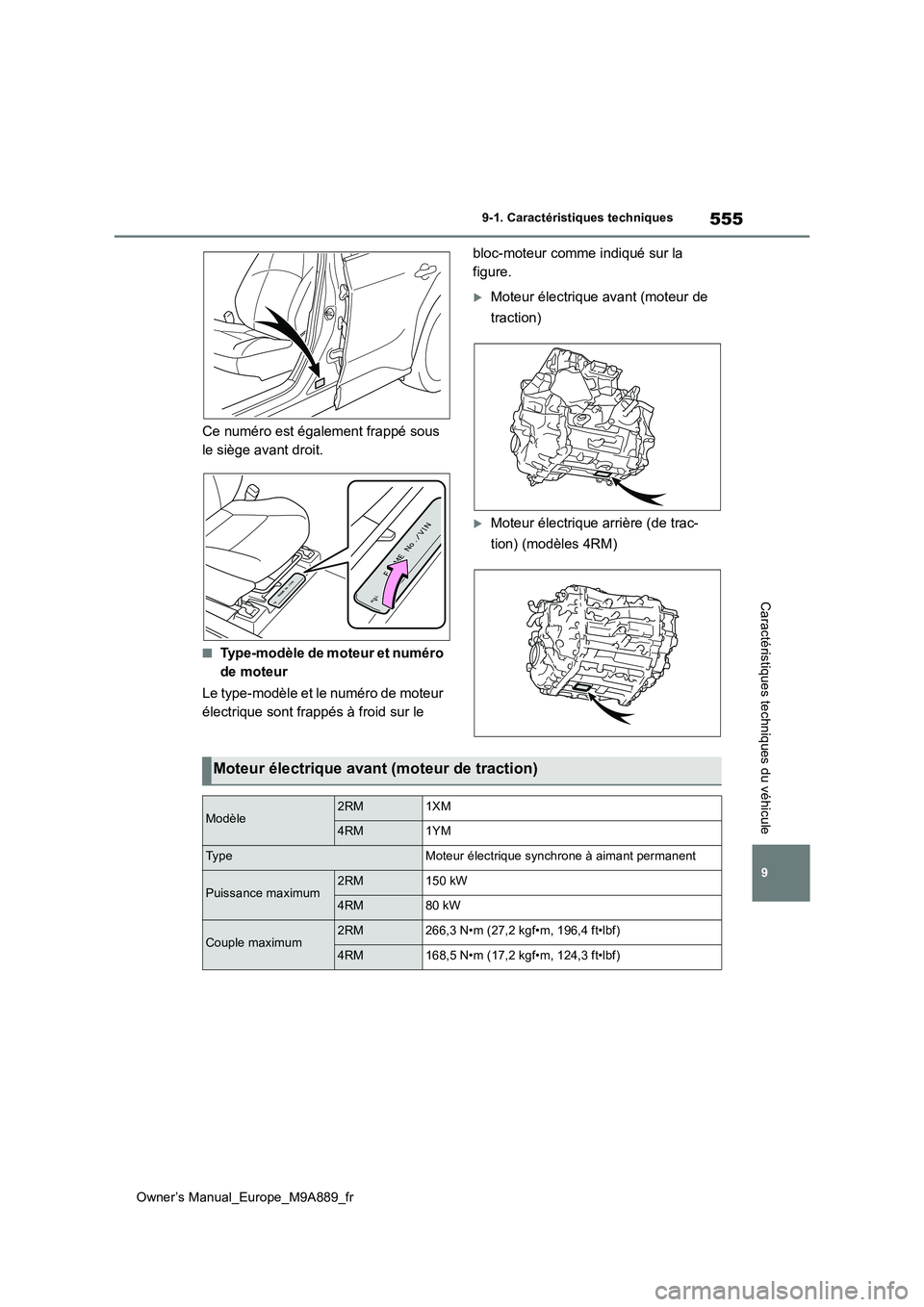 TOYOTA BZ4X 2023 Manuel du propriétaire (in French) 555
9
Owner’s Manual_Europe_M9A889_fr
9-1. Caractéristiques techniques
Caractéristiques techniques du véhicule
Ce numéro est également frappé sous
le siège avant droit.
■Type-modèle de m TOYOTA BZ4X 2023 Manuel du propriétaire (in French) 555
9
Owner’s Manual_Europe_M9A889_fr
9-1. Caractéristiques techniques
Caractéristiques techniques du véhicule
Ce numéro est également frappé sous
le siège avant droit.
■Type-modèle de m