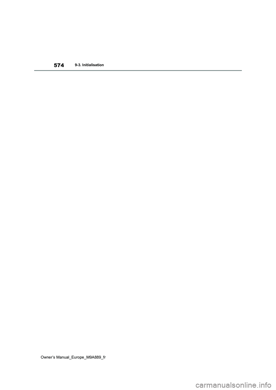 TOYOTA BZ4X 2023 Manuel du propriétaire (in French) 574
Owner’s Manual_Europe_M9A889_fr
9-3. Initialisation TOYOTA BZ4X 2023 Manuel du propriétaire (in French) 574
Owner’s Manual_Europe_M9A889_fr
9-3. Initialisation
