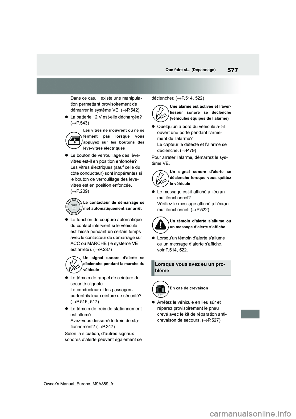 TOYOTA BZ4X 2023 Manuel du propriétaire (in French) 577
Owner’s Manual_Europe_M9A889_fr
Que faire si... (Dépannage)
Dans ce cas, il existe une manipula-
tion permettant provisoirement de
démarrer le système VE. ( P.542)
La batterie 12 V TOYOTA BZ4X 2023 Manuel du propriétaire (in French) 577
Owner’s Manual_Europe_M9A889_fr
Que faire si... (Dépannage)
Dans ce cas, il existe une manipula-
tion permettant provisoirement de
démarrer le système VE. ( P.542)
La batterie 12 V