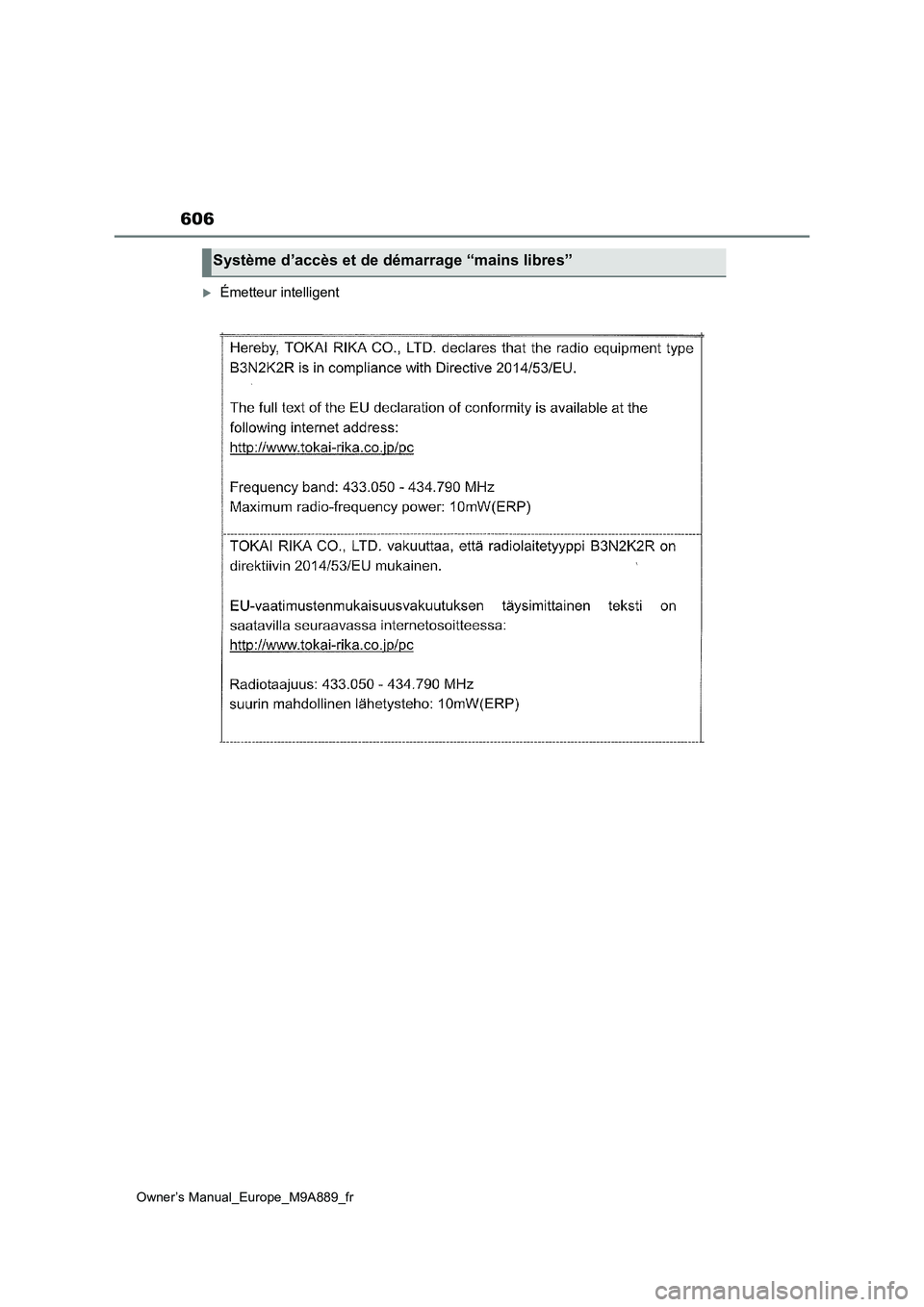 TOYOTA BZ4X 2023 Manuel du propriétaire (in French) 606
Owner’s Manual_Europe_M9A889_fr
Émetteur intelligent
Système d’accès et de démarrage “mains libres” TOYOTA BZ4X 2023 Manuel du propriétaire (in French) 606
Owner’s Manual_Europe_M9A889_fr
Émetteur intelligent
Système d’accès et de démarrage “mains libres”