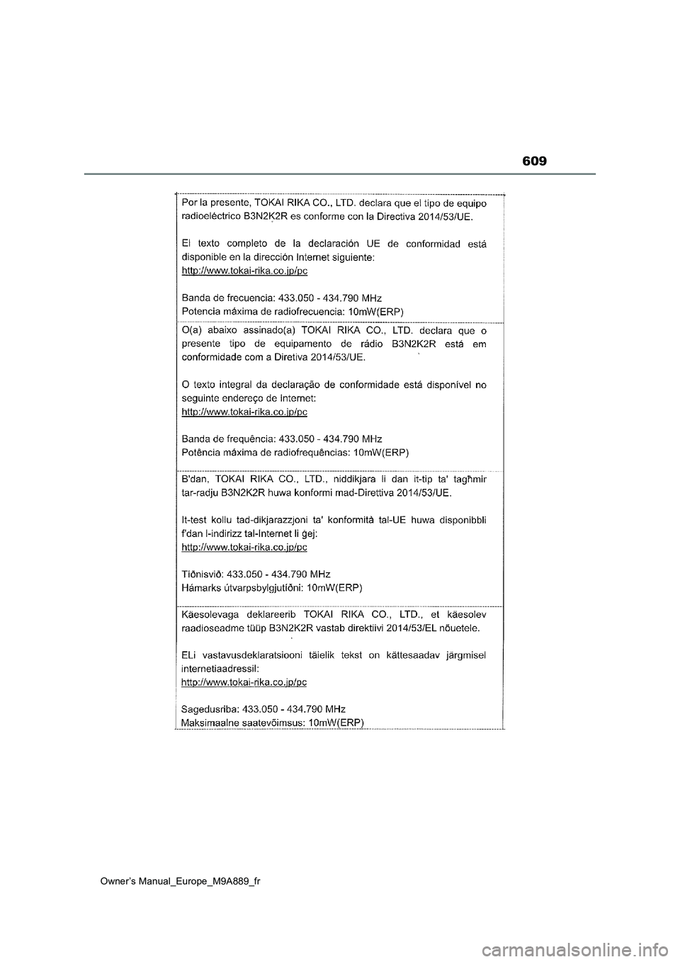 TOYOTA BZ4X 2023 Manuel du propriétaire (in French) 609
Owner’s Manual_Europe_M9A889_fr TOYOTA BZ4X 2023 Manuel du propriétaire (in French) 609
Owner’s Manual_Europe_M9A889_fr