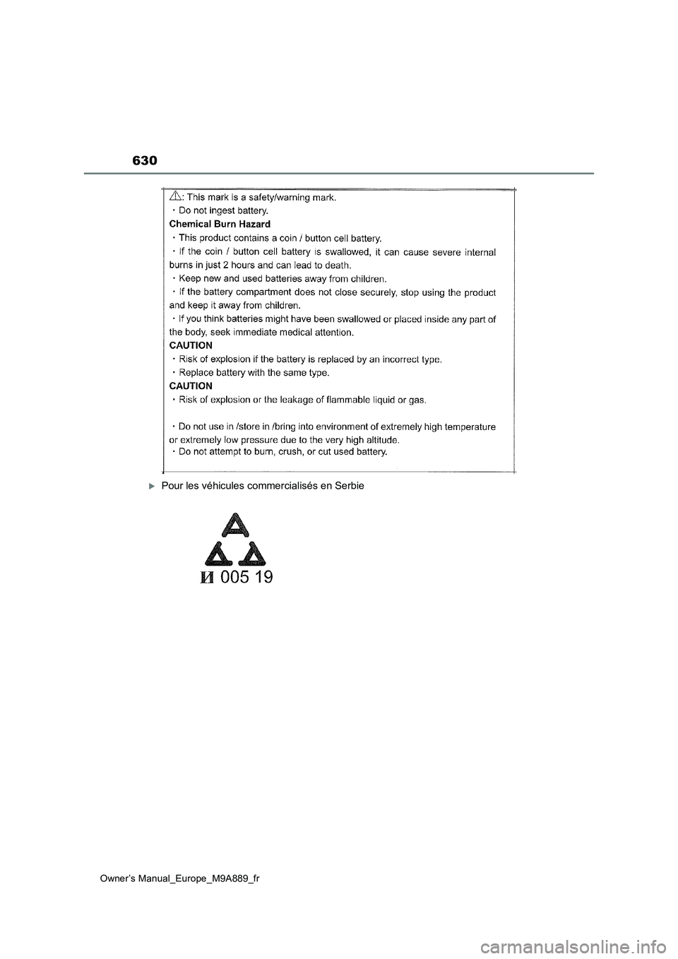 TOYOTA BZ4X 2023 Manuel du propriétaire (in French) 630
Owner’s Manual_Europe_M9A889_fr
Pour les véhicules commercialisés en Serbie TOYOTA BZ4X 2023 Manuel du propriétaire (in French) 630
Owner’s Manual_Europe_M9A889_fr
Pour les véhicules commercialisés en Serbie