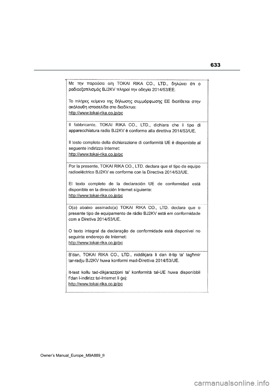 TOYOTA BZ4X 2023 Manuel du propriétaire (in French) 633
Owner’s Manual_Europe_M9A889_fr TOYOTA BZ4X 2023 Manuel du propriétaire (in French) 633
Owner’s Manual_Europe_M9A889_fr