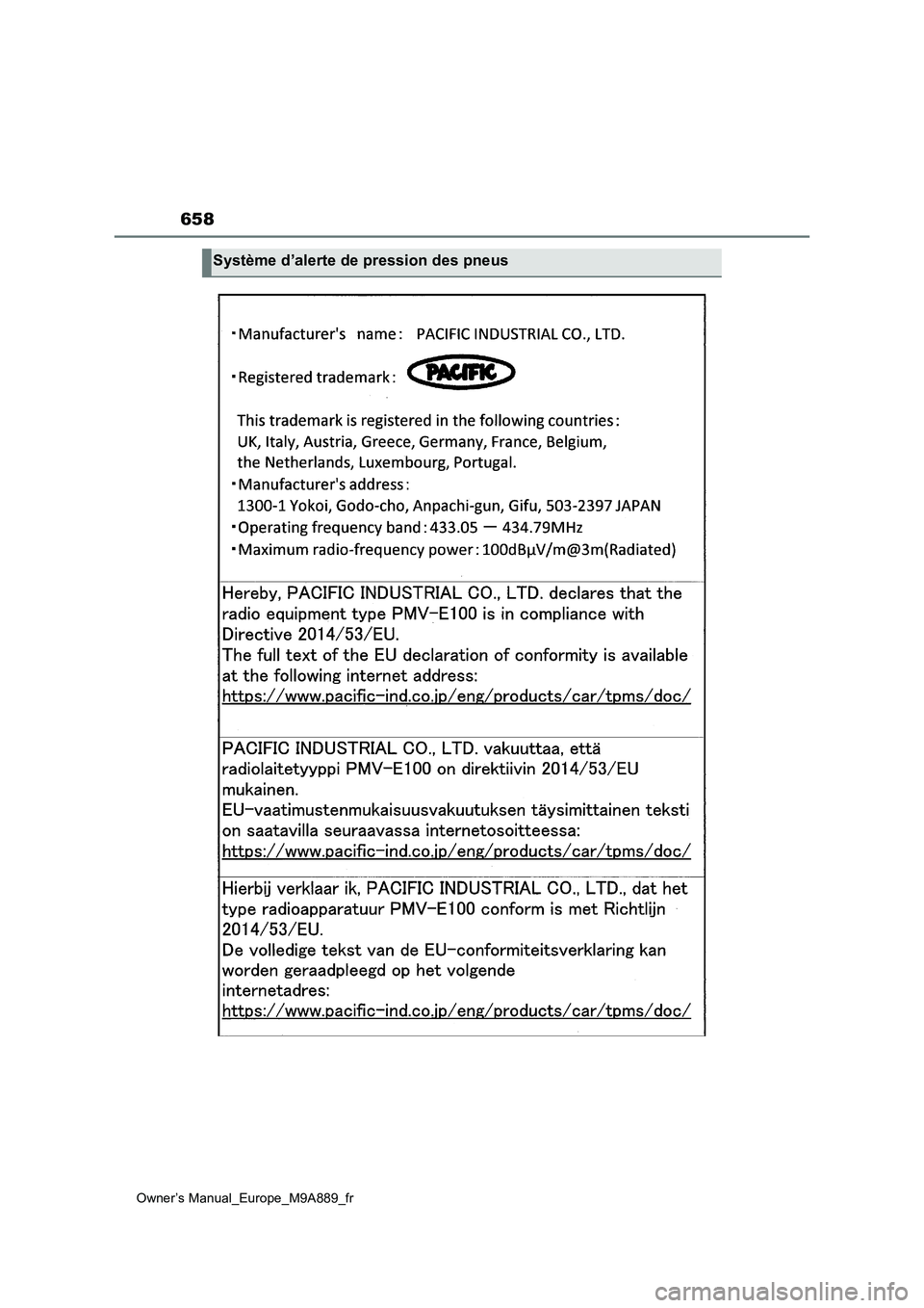 TOYOTA BZ4X 2023 Manuel du propriétaire (in French) 658
Owner’s Manual_Europe_M9A889_fr
Système d’alerte de pression des pneus TOYOTA BZ4X 2023 Manuel du propriétaire (in French) 658
Owner’s Manual_Europe_M9A889_fr
Système d’alerte de pression des pneus