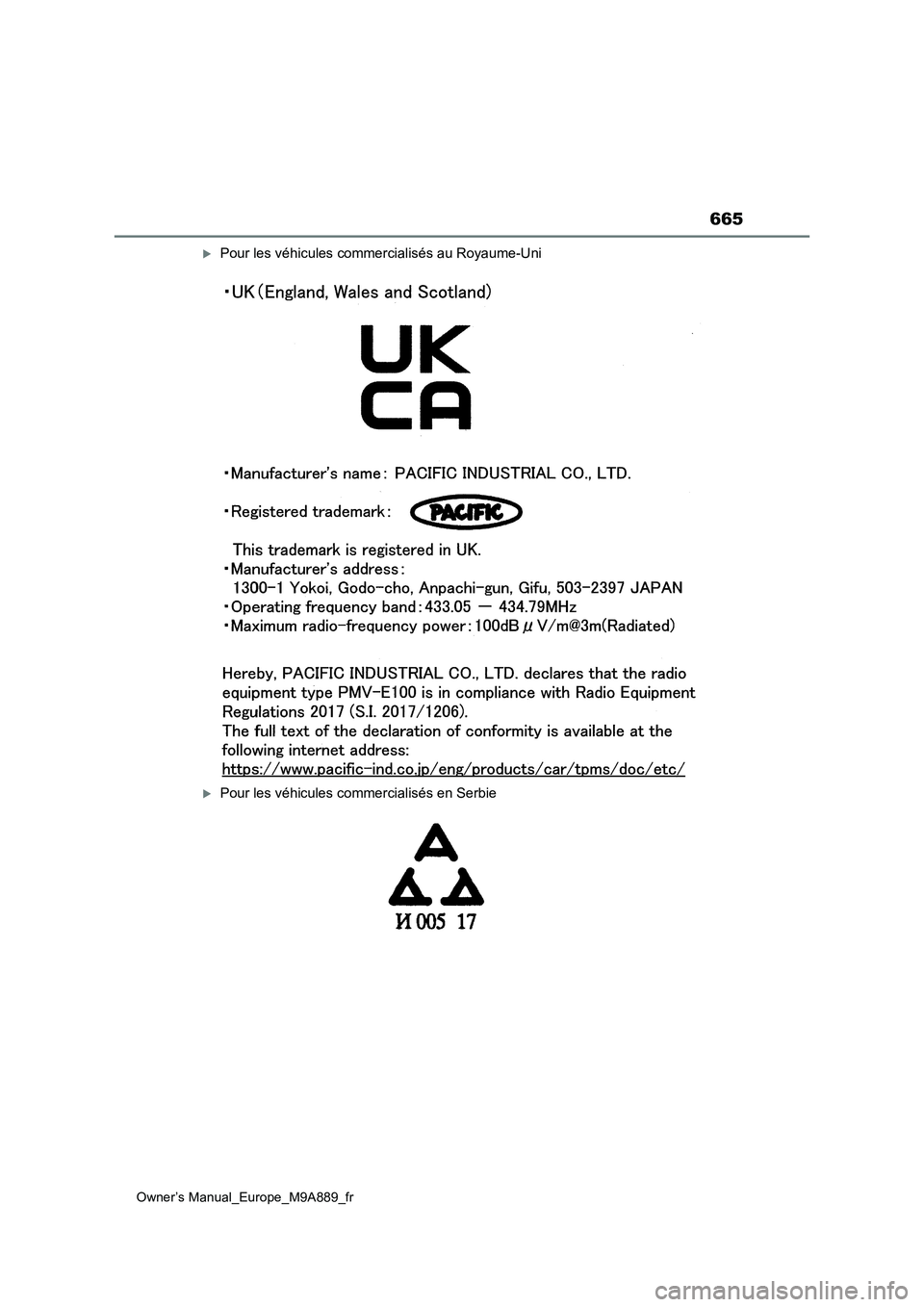 TOYOTA BZ4X 2023 Manuel du propriétaire (in French) 665
Owner’s Manual_Europe_M9A889_fr
Pour les véhicules commercialisés au Royaume-Uni
Pour les véhicules commercialisés en Serbie TOYOTA BZ4X 2023 Manuel du propriétaire (in French) 665
Owner’s Manual_Europe_M9A889_fr
Pour les véhicules commercialisés au Royaume-Uni
Pour les véhicules commercialisés en Serbie