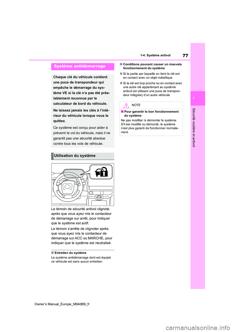 TOYOTA BZ4X 2023  Manuel du propriétaire (in French) 77
1
Owner’s Manual_Europe_M9A889_fr
1-4. Système antivol
Sécurité routière et antivol
1-4.Système antivol
Le témoin de sécurité antivol clignote  
après que vous ayez mis le contacteur 
de