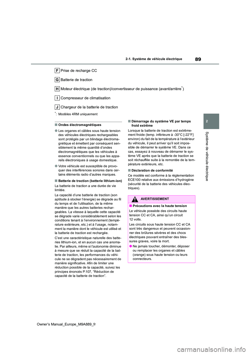 TOYOTA BZ4X 2023 Manuel du propriétaire (in French) 89
2
Owner’s Manual_Europe_M9A889_fr
2-1. Système de véhicule électrique
Système de véhicule électrique
Prise de recharge CC
Batterie de traction
Moteur électrique (de traction)/convertisseu TOYOTA BZ4X 2023 Manuel du propriétaire (in French) 89
2
Owner’s Manual_Europe_M9A889_fr
2-1. Système de véhicule électrique
Système de véhicule électrique
Prise de recharge CC
Batterie de traction
Moteur électrique (de traction)/convertisseu