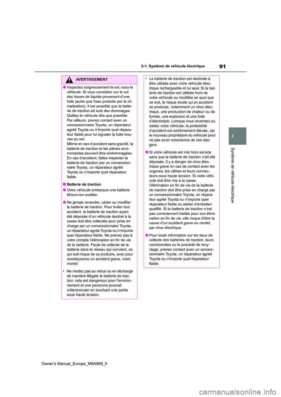 TOYOTA BZ4X 2023  Manuel du propriétaire (in French) 91
2
Owner’s Manual_Europe_M9A889_fr
2-1. Système de véhicule électrique
Système de véhicule électrique
AVERTISSEMENT
●Inspectez soigneusement le sol, sous le  
véhicule. Si vous constatez 
