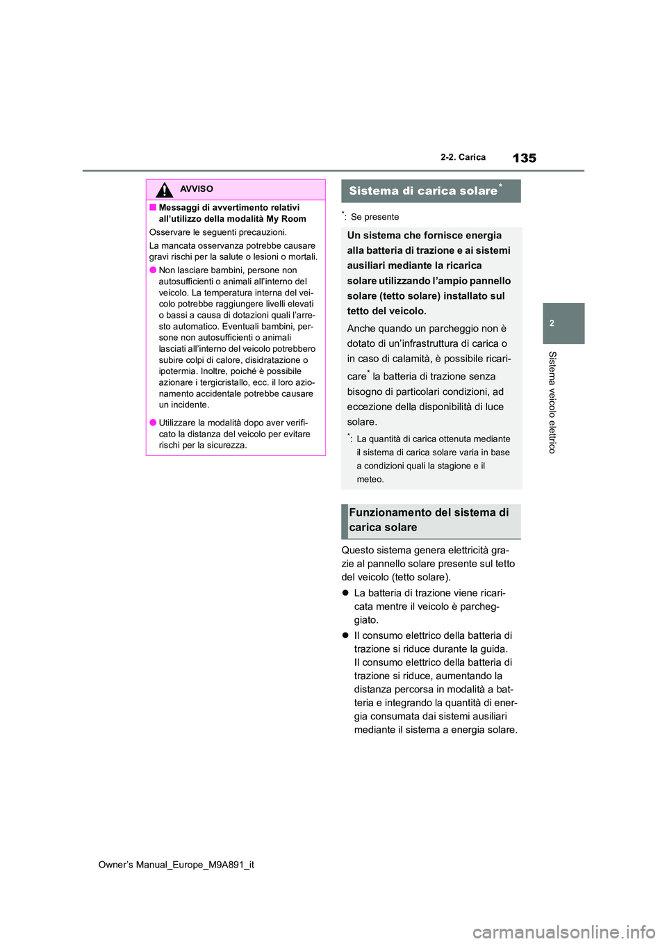 TOYOTA BZ4X 2023 Manuale duso (in Italian) 135
2
Owner’s Manual_Europe_M9A891_it
2-2. Carica
Sistema veicolo elettrico
*: Se presente
Questo sistema genera elettricità gra-
zie al pannello solare presente sul tetto
del veicolo (tetto sola TOYOTA BZ4X 2023 Manuale duso (in Italian) 135
2
Owner’s Manual_Europe_M9A891_it
2-2. Carica
Sistema veicolo elettrico
*: Se presente
Questo sistema genera elettricità gra-
zie al pannello solare presente sul tetto
del veicolo (tetto sola