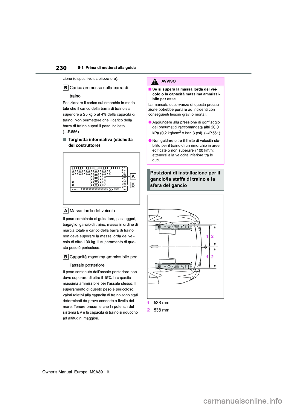 TOYOTA BZ4X 2023  Manuale duso (in Italian) 230
Owner’s Manual_Europe_M9A891_it
5-1. Prima di mettersi alla guida 
zione (dispositivo stabilizzatore).
Carico ammesso sulla barra di  
traino
Posizionare il carico sul rimorchio in modo  
tale c