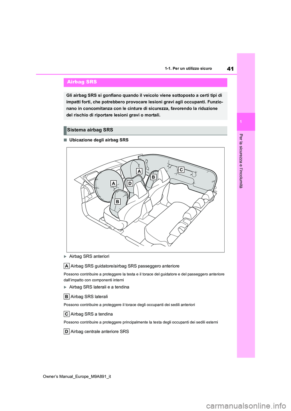 TOYOTA BZ4X 2023 Manuale duso (in Italian) 41
1
Owner’s Manual_Europe_M9A891_it
1-1. Per un utilizzo sicuro
Per la sicurezza e l’incolumità
■Ubicazione degli airbag SRS
Airbag SRS anteriori
Airbag SRS guidatore/airbag SRS passeggero TOYOTA BZ4X 2023 Manuale duso (in Italian) 41
1
Owner’s Manual_Europe_M9A891_it
1-1. Per un utilizzo sicuro
Per la sicurezza e l’incolumità
■Ubicazione degli airbag SRS
Airbag SRS anteriori
Airbag SRS guidatore/airbag SRS passeggero