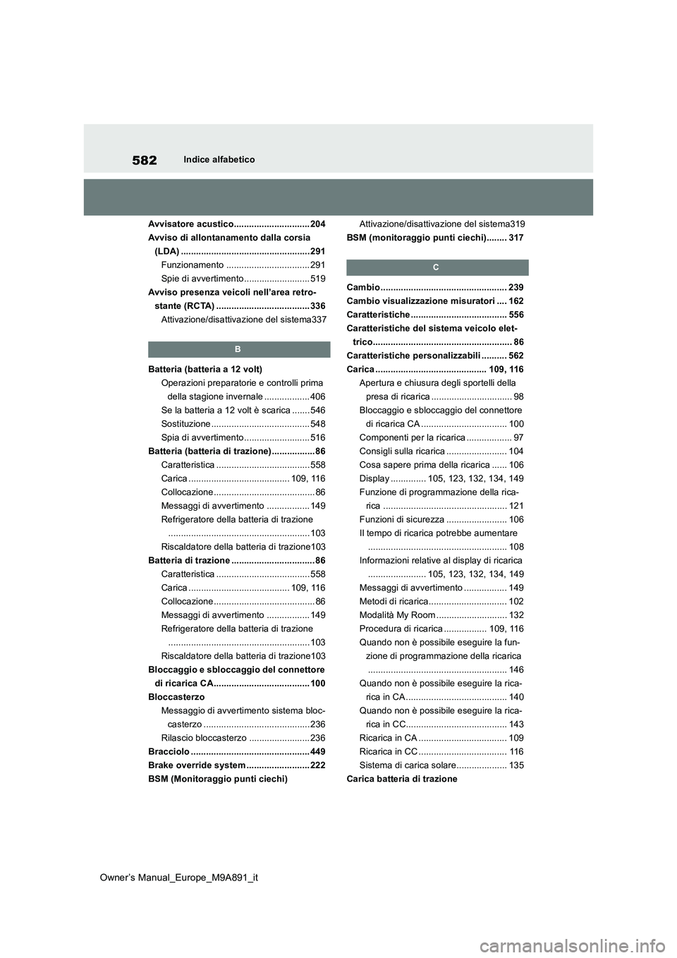 TOYOTA BZ4X 2023 Manuale duso (in Italian) 582
Owner’s Manual_Europe_M9A891_it
Indice alfabetico
Avvisatore acustico.............................. 204
Avviso di allontanamento dalla corsia
(LDA) ........................................... TOYOTA BZ4X 2023 Manuale duso (in Italian) 582
Owner’s Manual_Europe_M9A891_it
Indice alfabetico
Avvisatore acustico.............................. 204
Avviso di allontanamento dalla corsia
(LDA) ...........................................